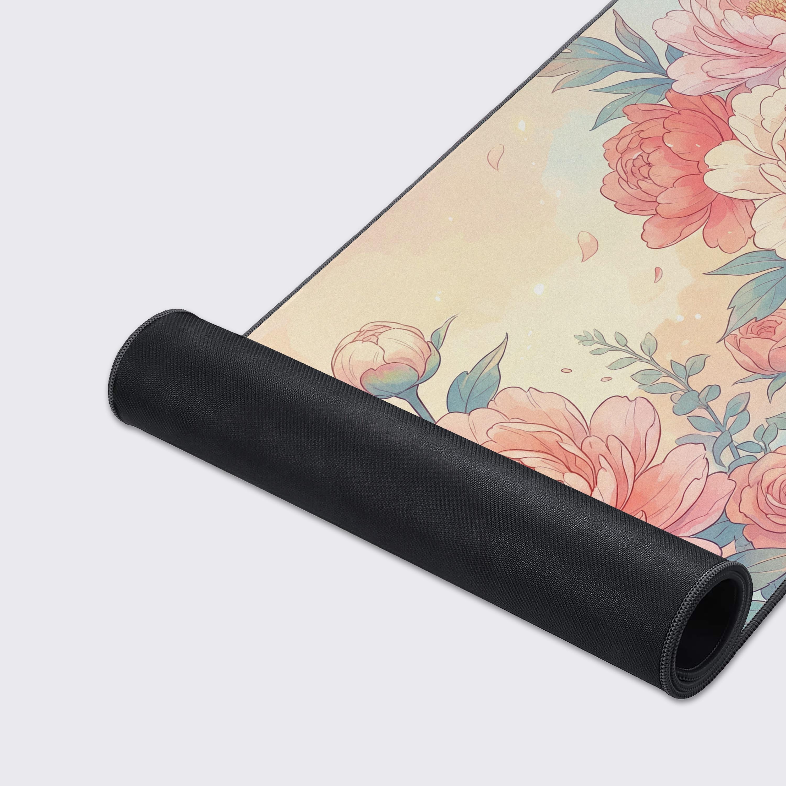 Close-up of the Pastel Bloom gaming desk mat, highlighting the smooth fabric texture, durable stitched edges, and detailed watercolor flower art. - Epic Design Pads & Mousepads