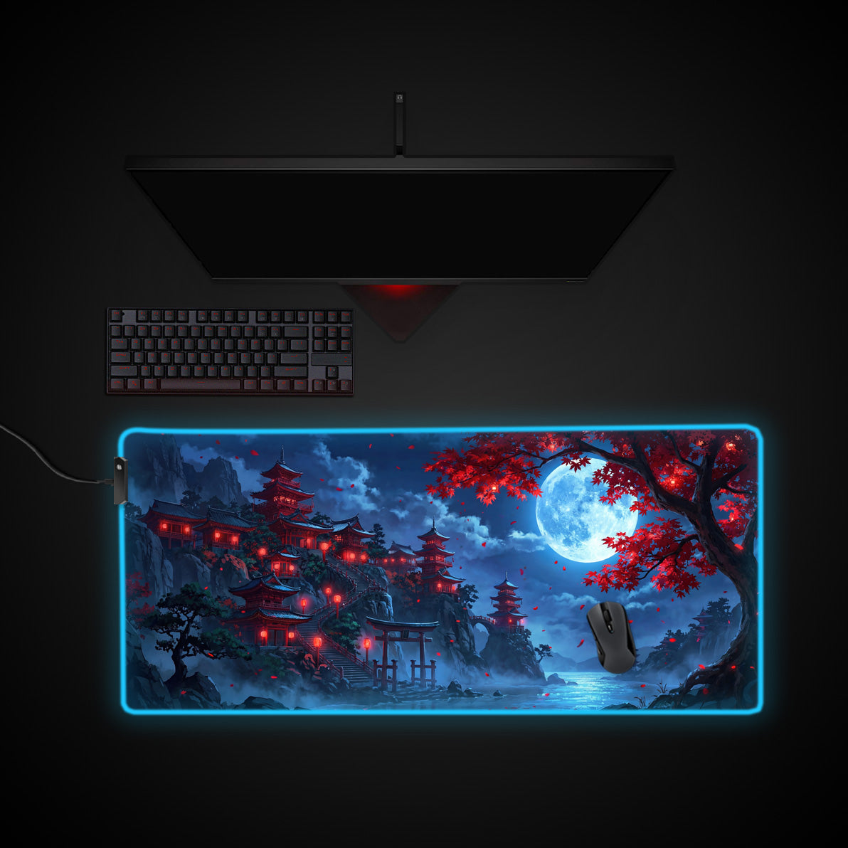 Crimson Shrine desk mat with RGB edge lighting