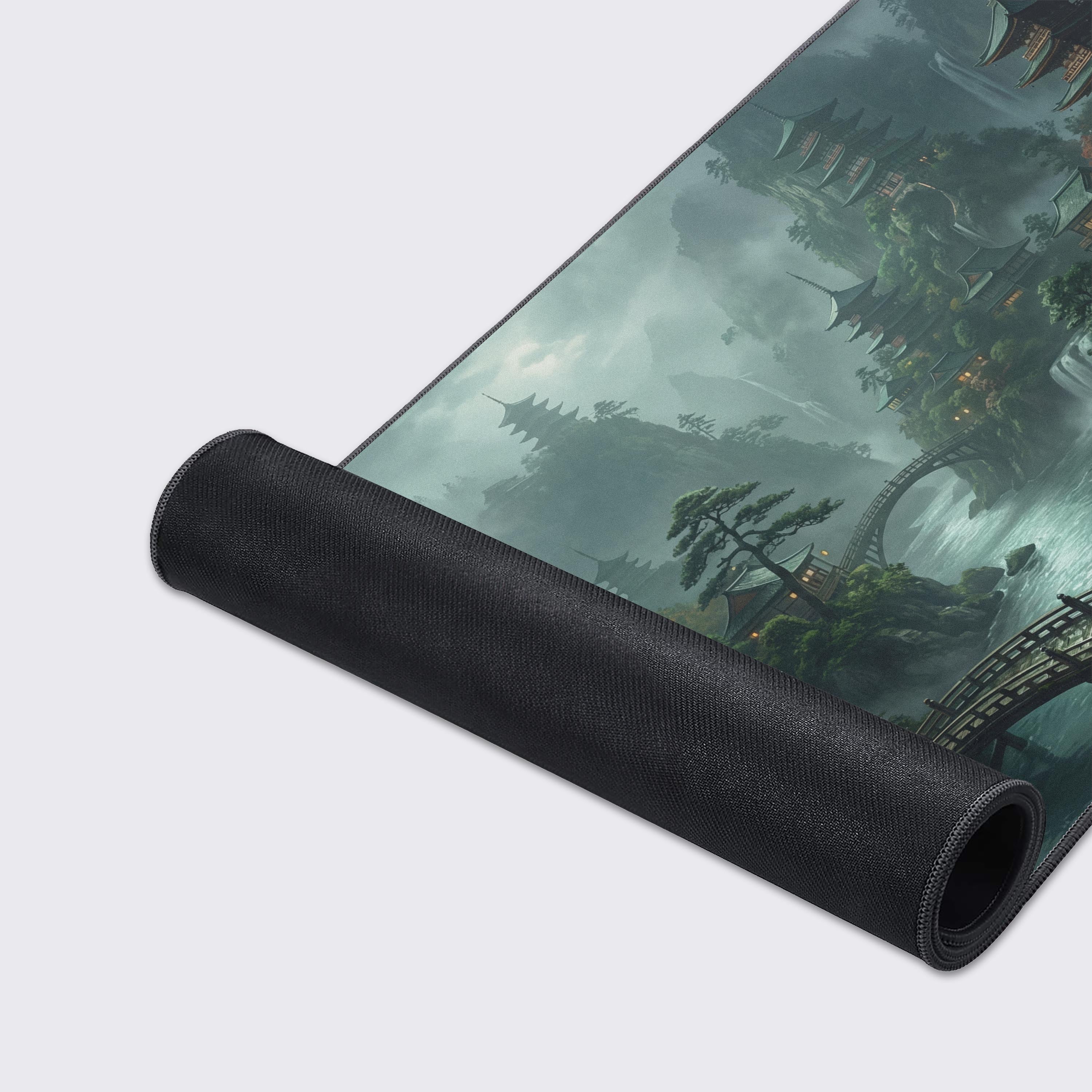 A close-up of the Silent Pagoda mouse pad showcases its high-quality fabric texture and durable stitched edges, with the detailed Japanese pagoda art clearly visible. - Epic Design Pads & Mousepads