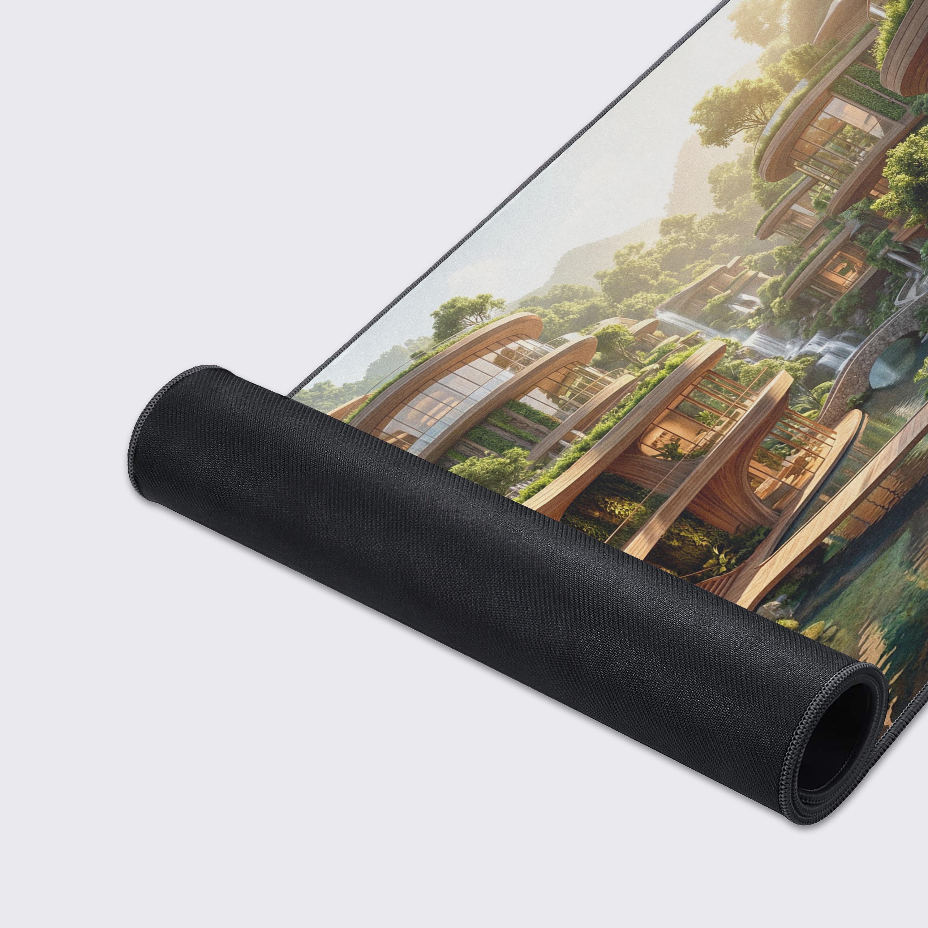 A close-up of the Eco Utopia mouse pad's detailed artwork and high-quality, anti-fray stitched edges, highlighting the smooth fabric texture. - Epic Design Pads & Mousepads