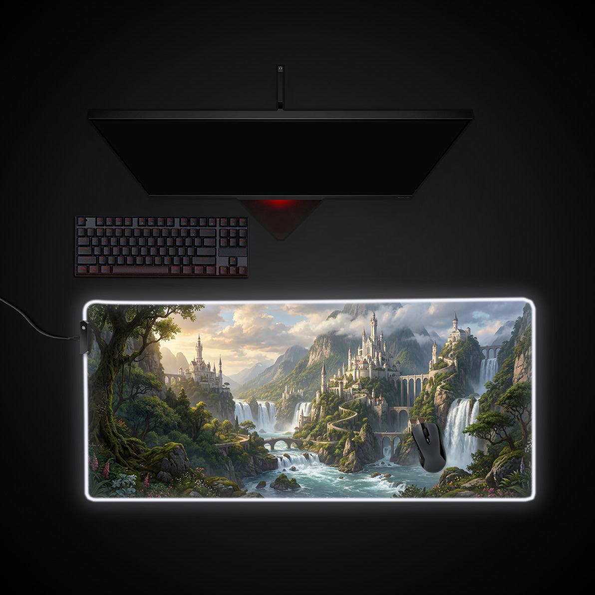 Kingdom of Falls desk mat with RGB edge lighting