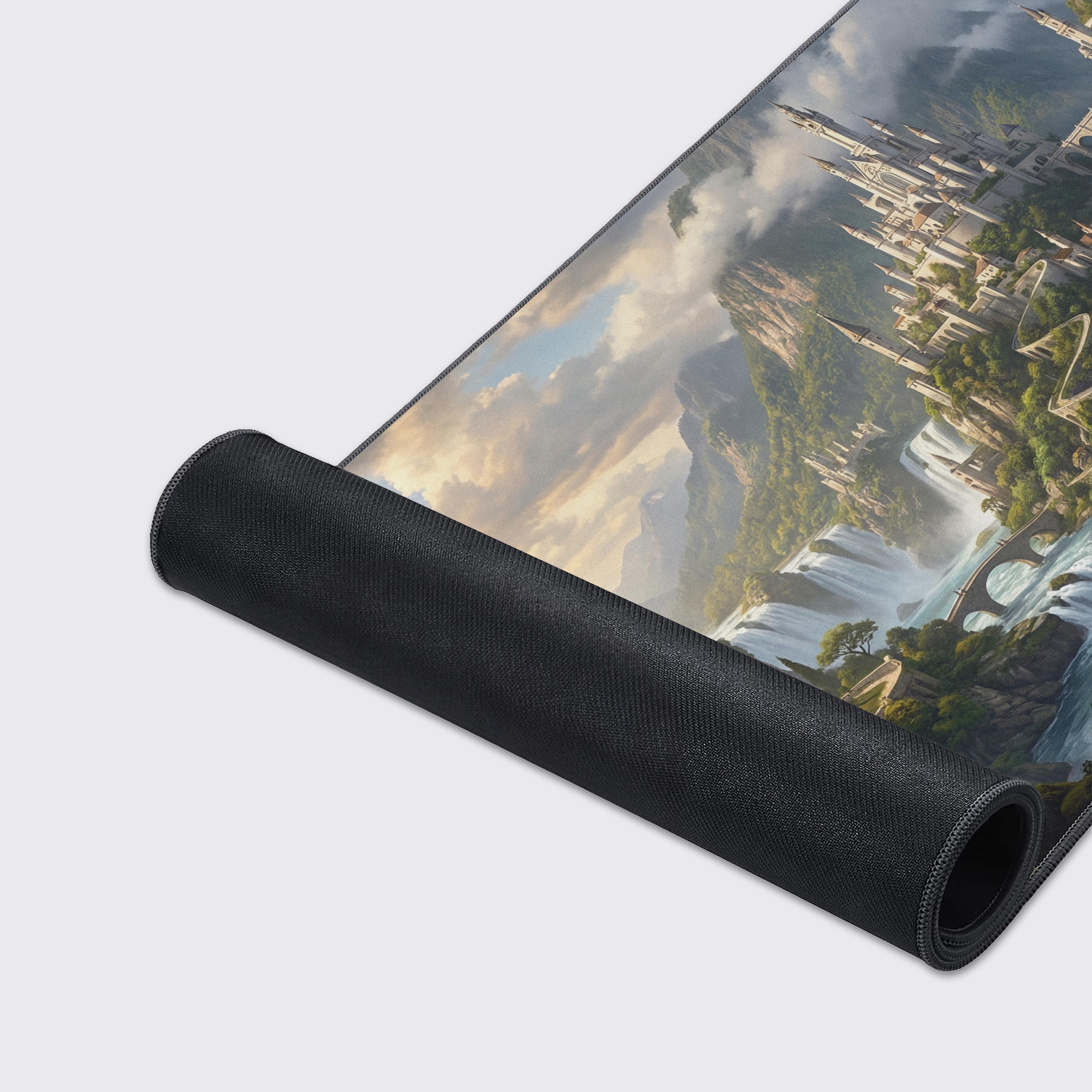 Close-up of the Kingdom of Falls gaming desk mat, highlighting the high-detail fantasy artwork, smooth fabric texture, and durable stitched edges. - Epic Design Pads & Mousepads