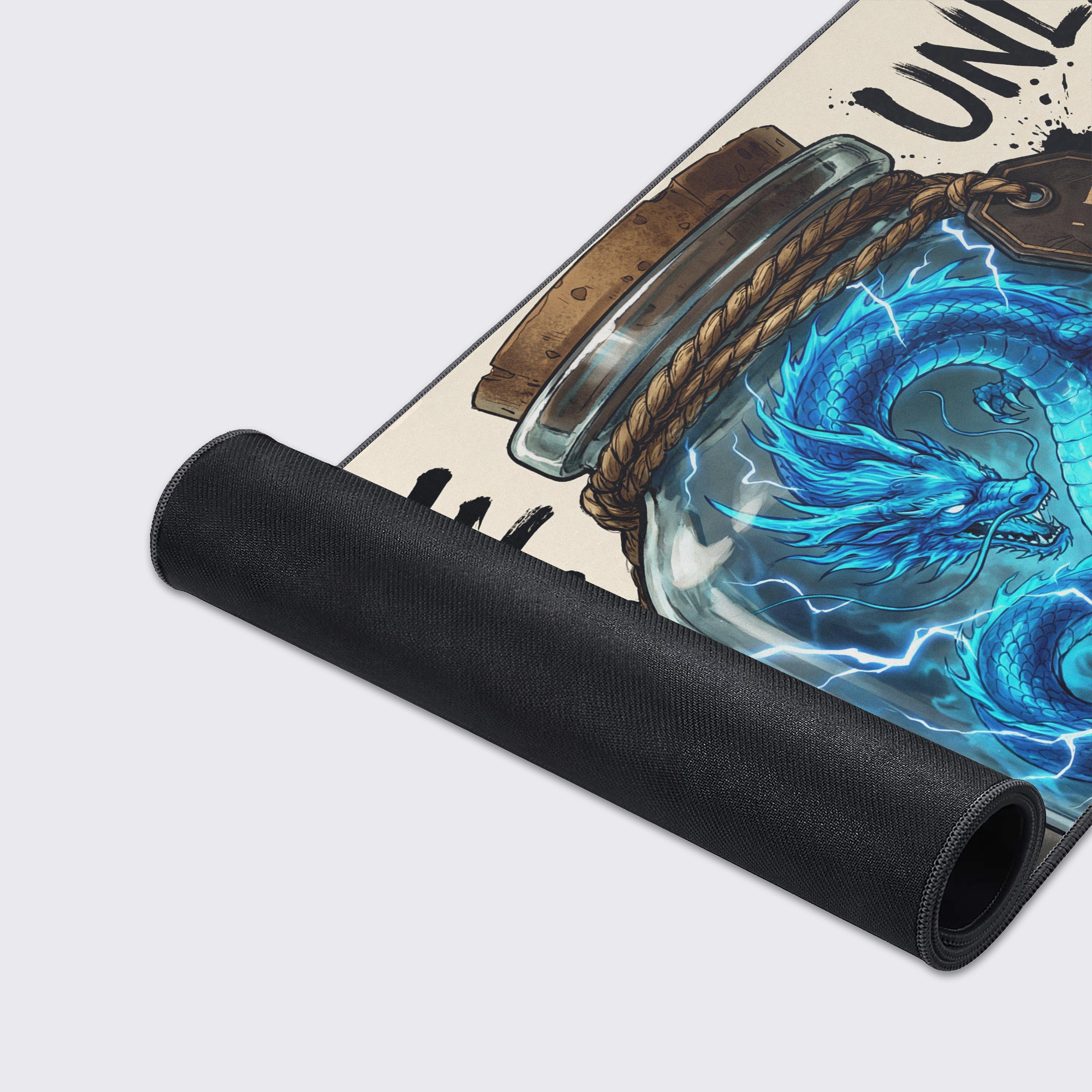Close-up of the Dragon's Brew mouse pad showcasing its smooth texture, durable stitched edges, and the detailed illustration of an electric blue dragon. - Epic Design Pads & Mousepads
