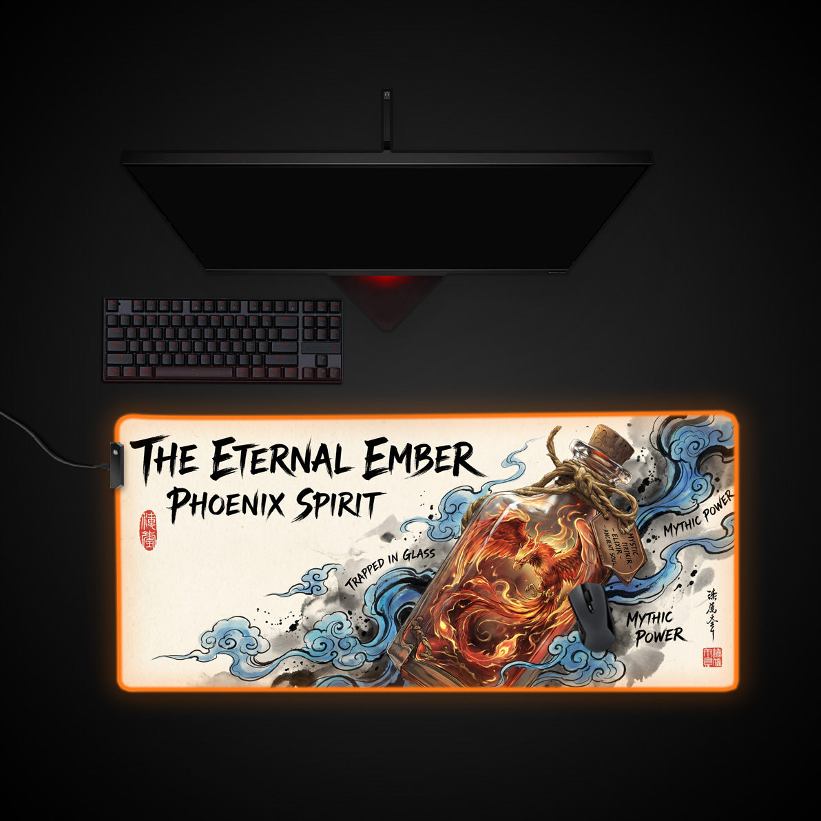 Bottled Phoenix desk mat with RGB edge lighting