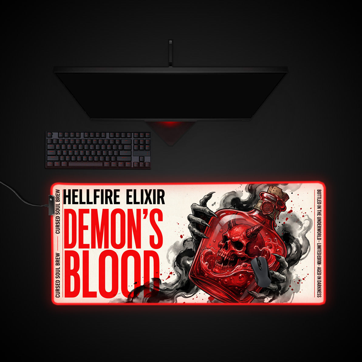 Demon’s Blood desk mat with RGB edge lighting