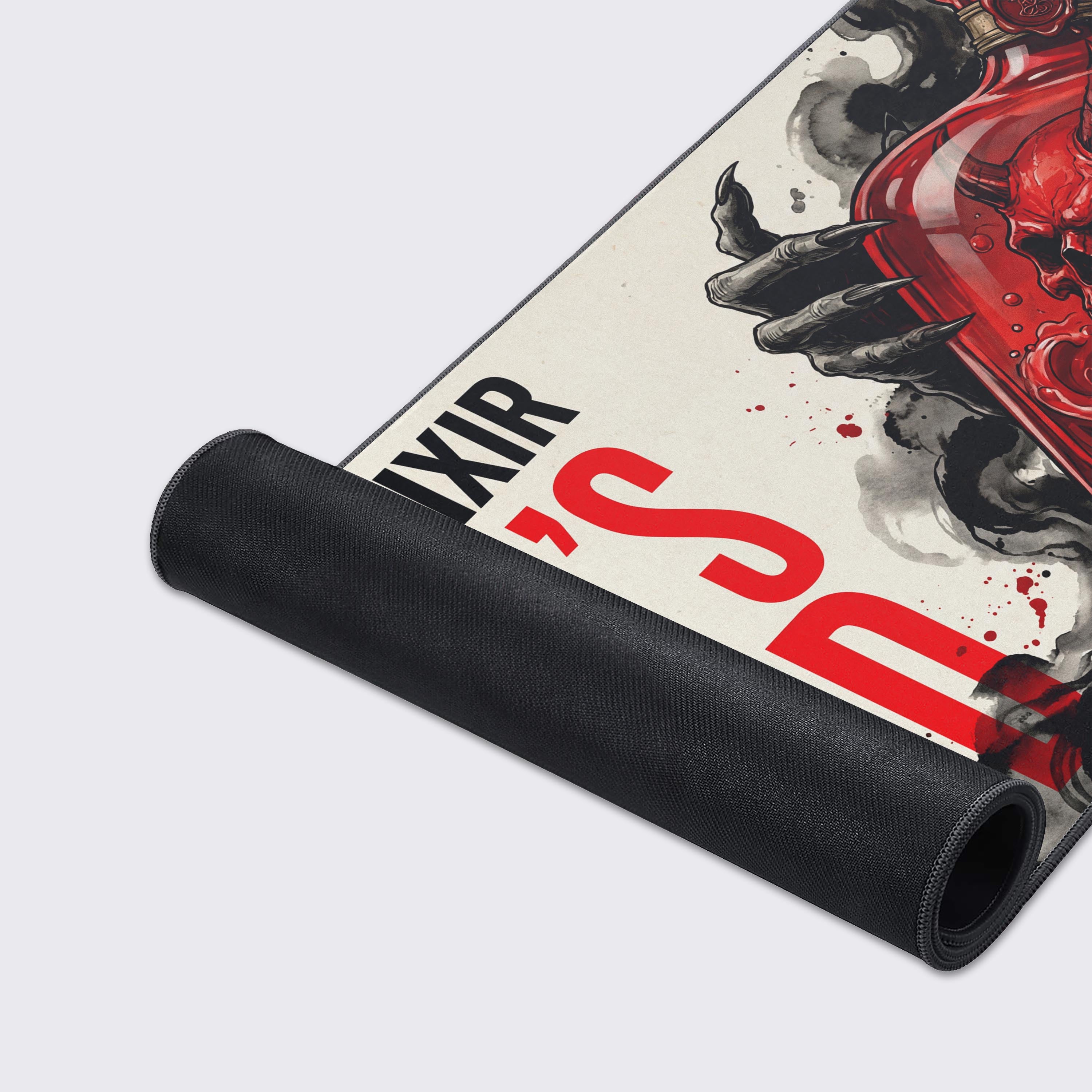 A close-up of the Demon’s Blood gaming desk mat showing the high-quality stitched edges and smooth fabric texture of the horror-themed design. - Epic Design Pads & Mousepads