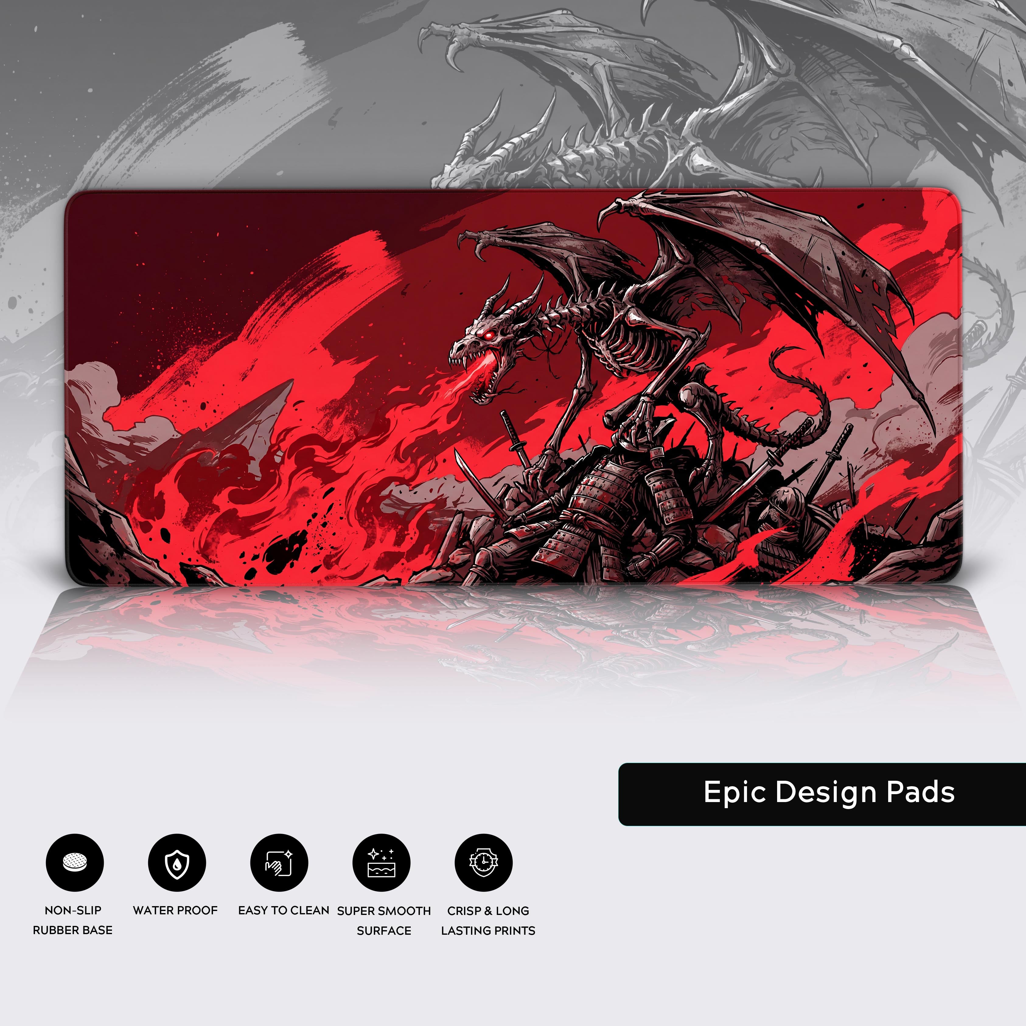 Bone Tyrant Dragon – Gaming Desk Mat, XL Red and Black Mouse Pad