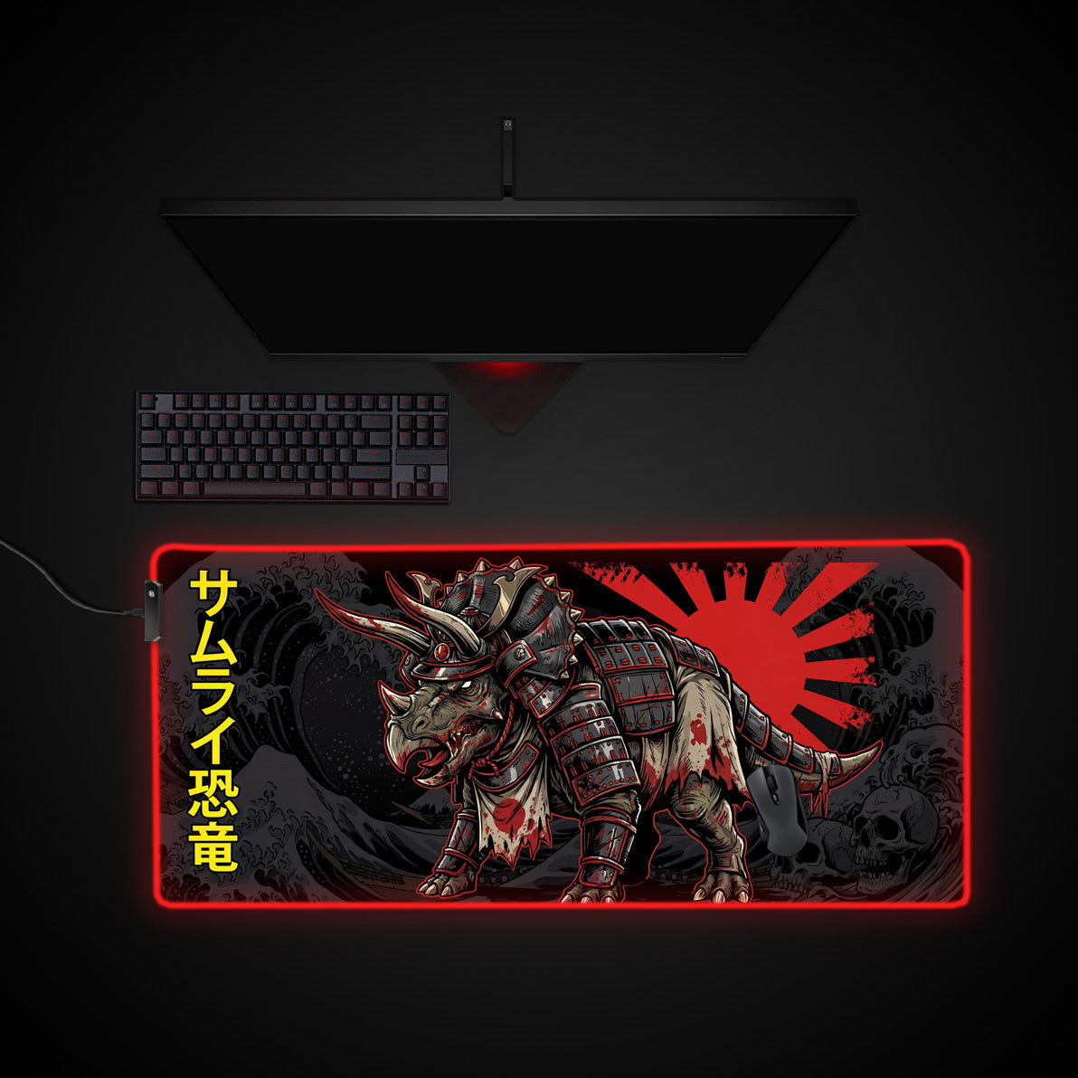 Iron Triceratops desk mat with RGB edge lighting