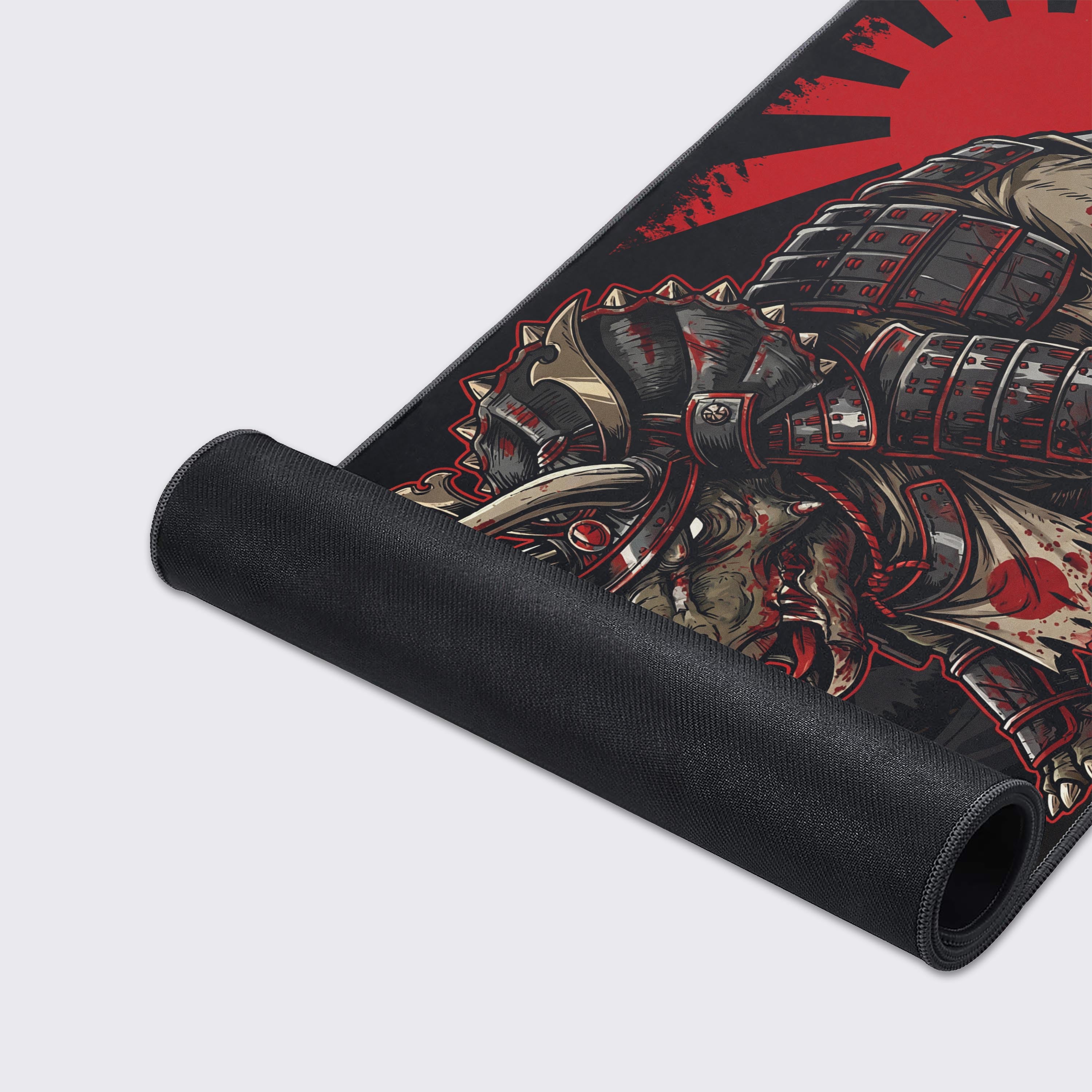 A close-up view showing the detailed artwork and smooth, anti-fray stitched edges of the Iron Triceratops gaming desk mat. - Epic Design Pads & Mousepads