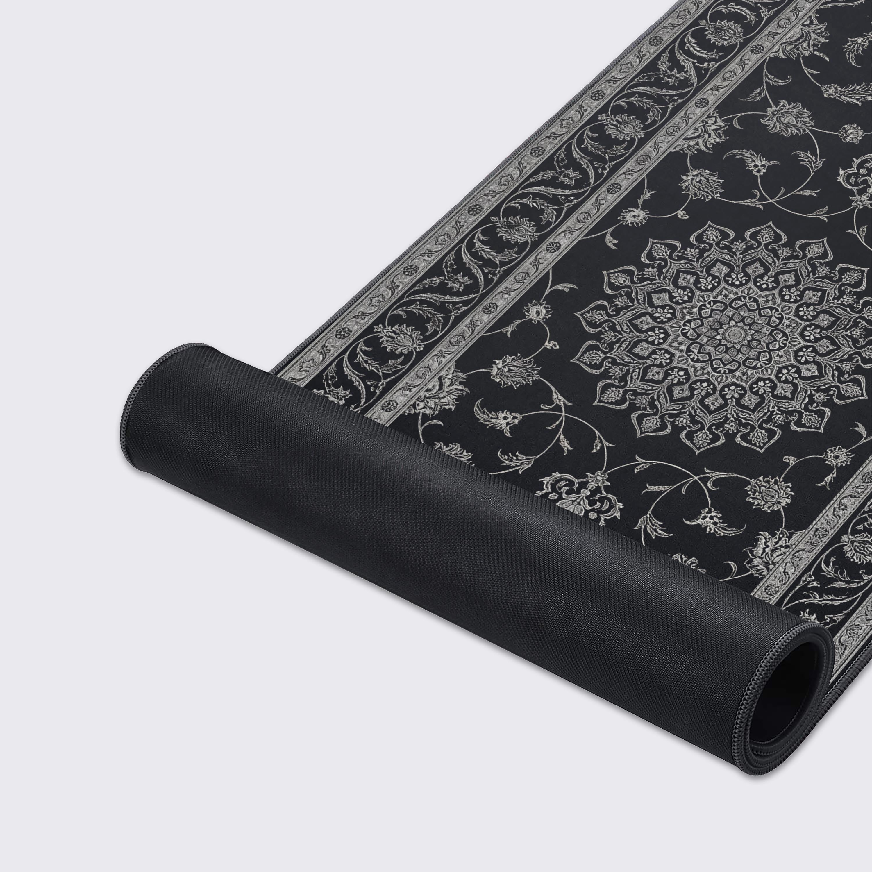 Close-up of the Noir Tapestry gaming desk mat, highlighting its detailed floral pattern, durable stitched edges, and smooth, high-quality fabric texture. - Epic Design Pads & Mousepads