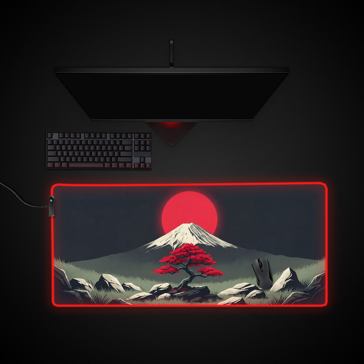 Crimson Zen desk mat with RGB edge lighting