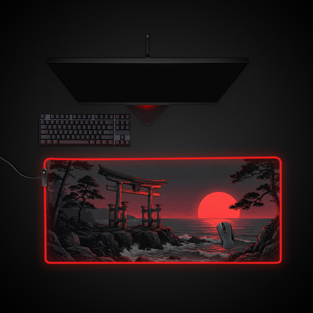 Crimson Threshold desk mat with RGB edge lighting