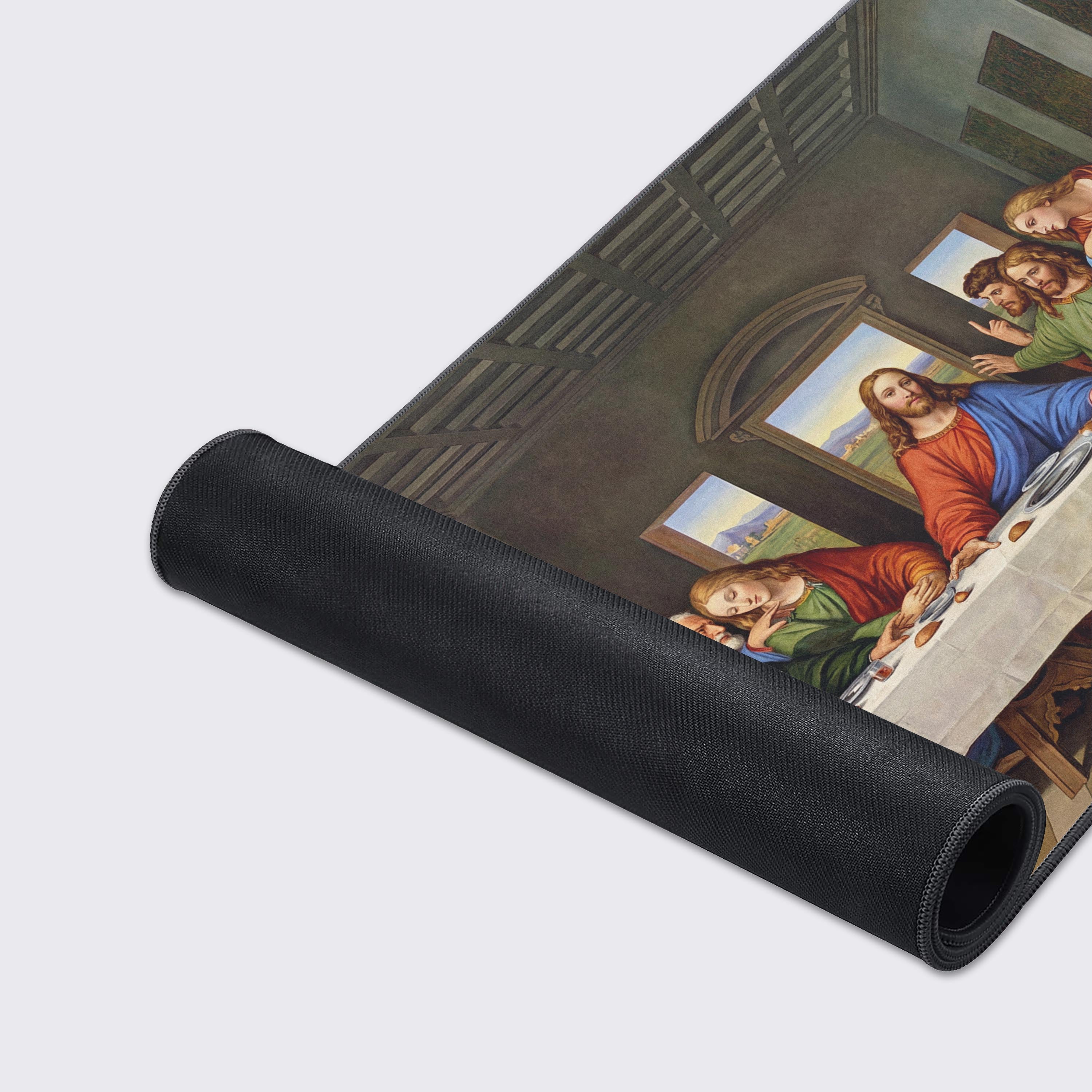 A close-up of The Last Supper gaming desk mat highlighting the vibrant print quality, smooth fabric texture, and durable stitched edges for long-lasting performance. - Epic Design Pads & Mousepads