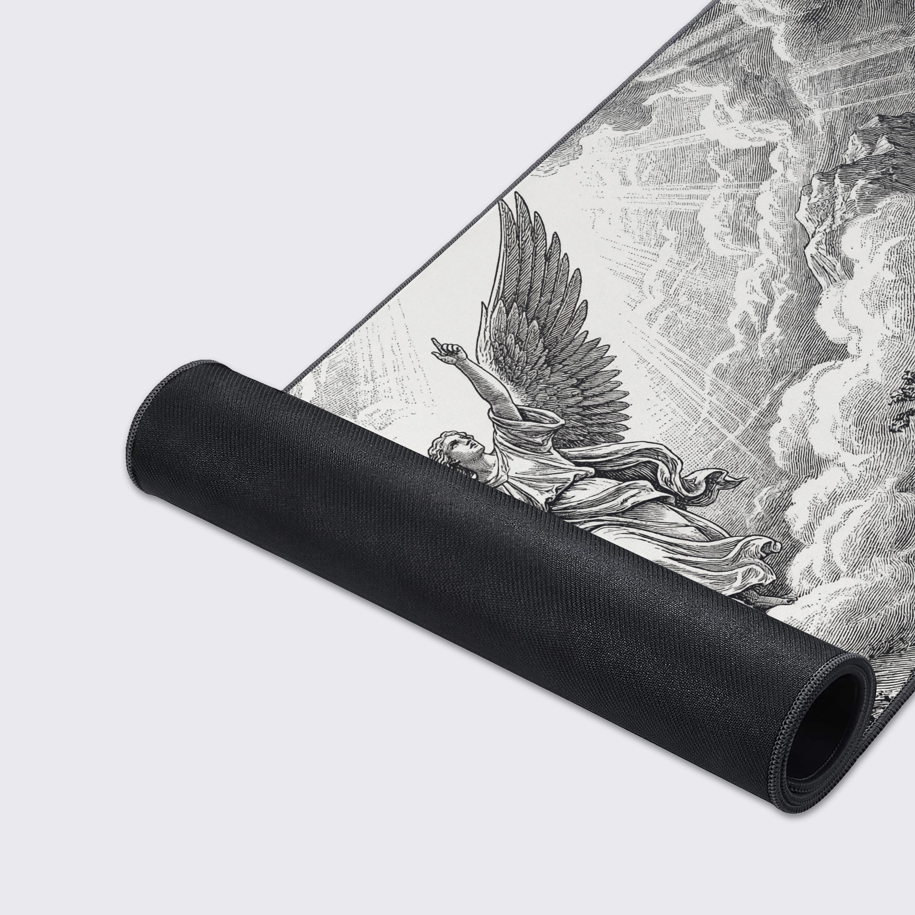 A close-up of the Divine Ascent gaming desk mat, highlighting the detailed engraved angel design, premium fabric texture, and durable stitched edges for long-lasting use. - Epic Design Pads & Mousepads