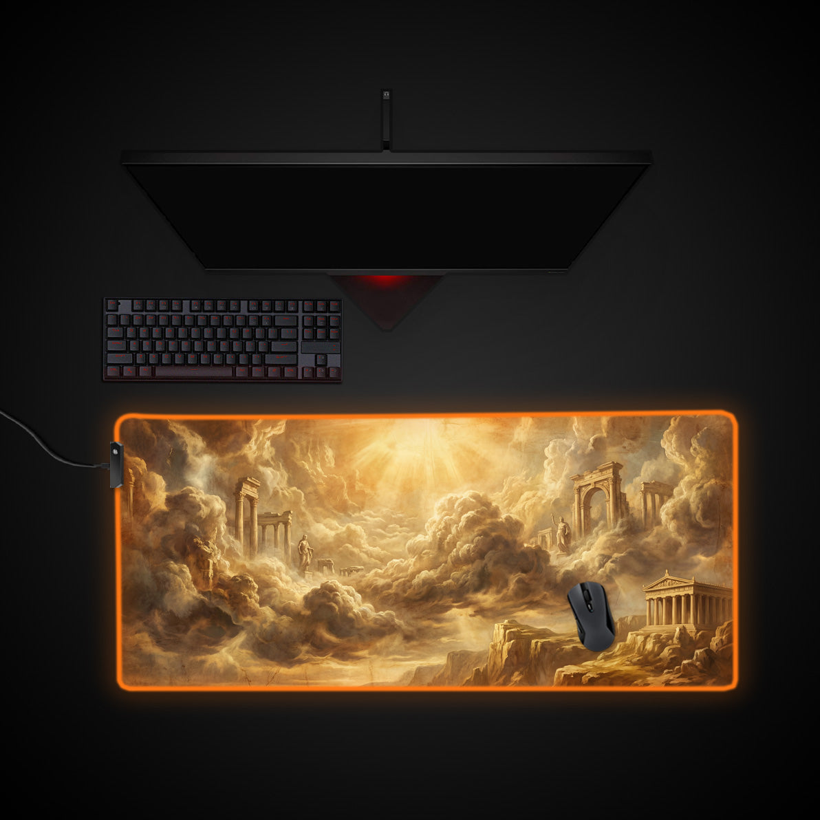 Golden Elysium desk mat with RGB edge lighting