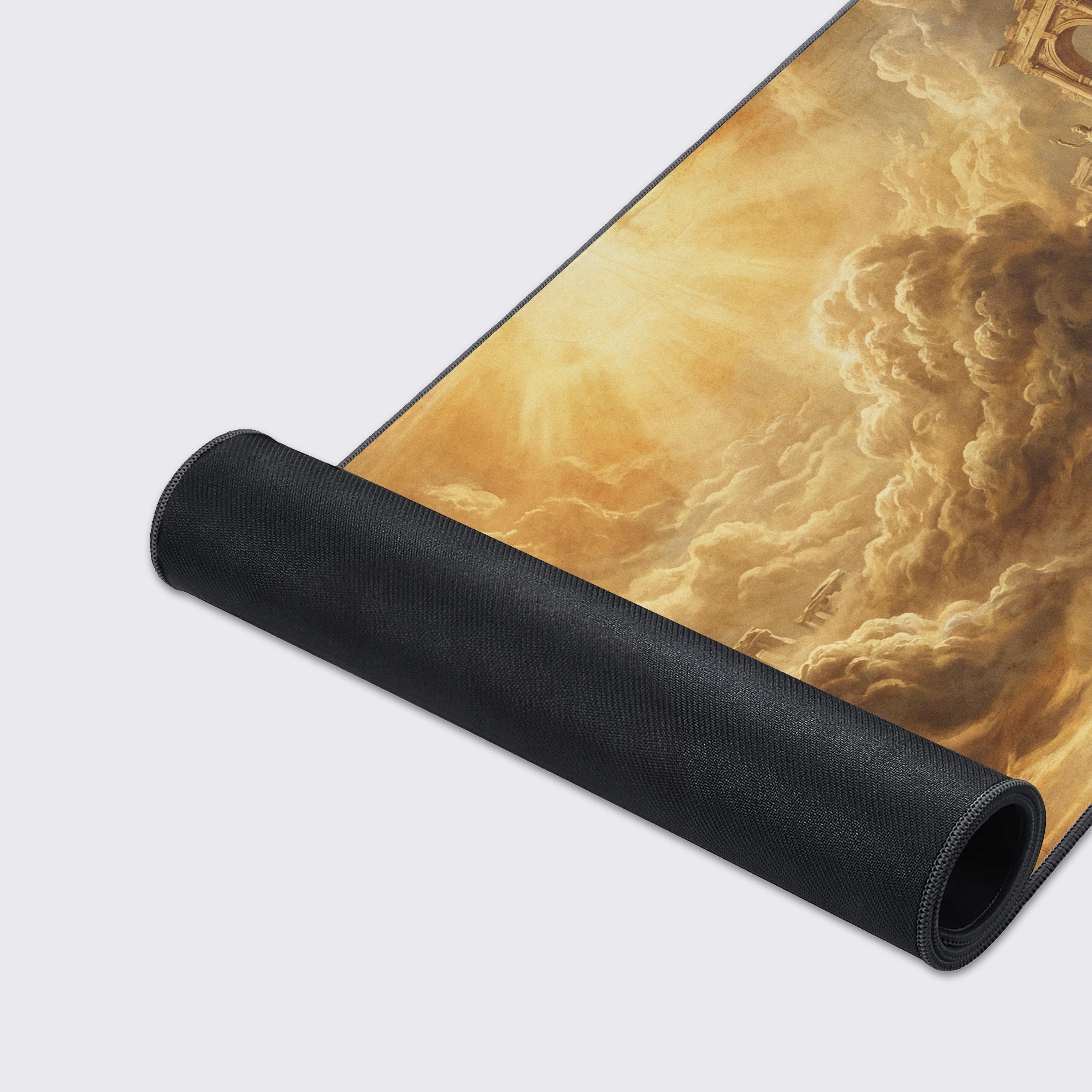 Close-up of the Golden Elysium gaming desk mat, showing the fine texture and stitched edges, with the golden-hued artwork of floating classical temples. - Epic Design Pads & Mousepads