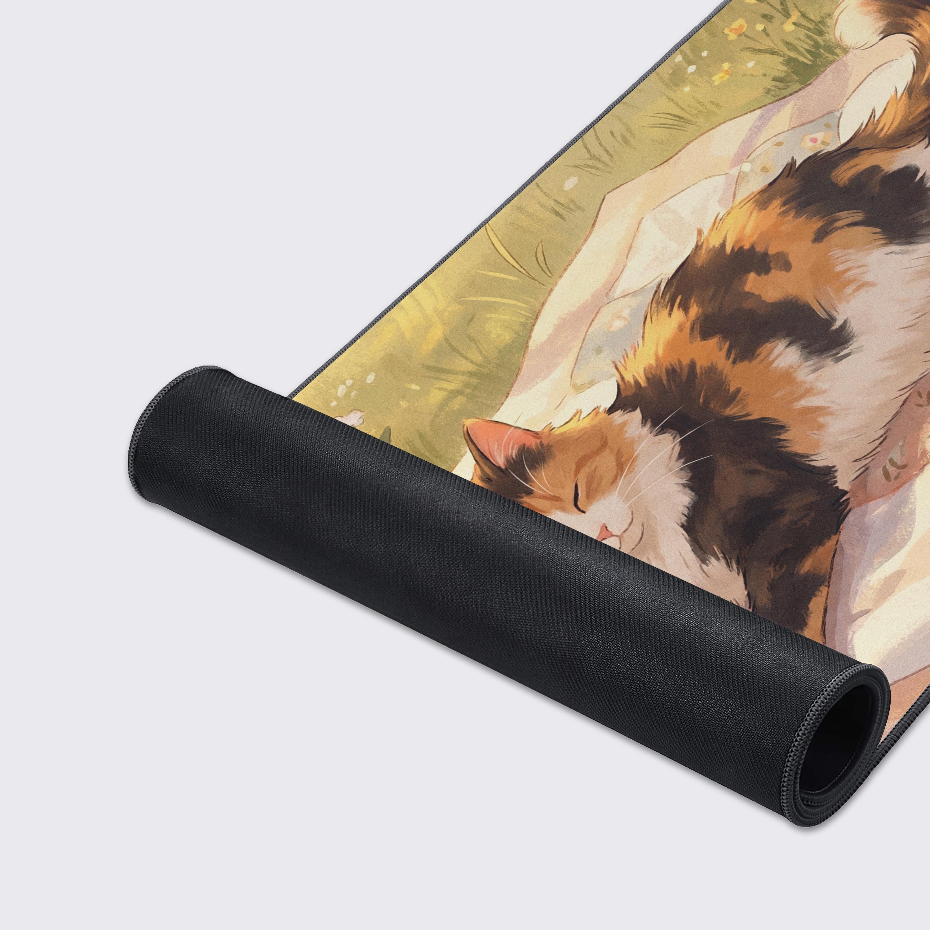 A close-up of the Lazy Afternoon Cat Gaming Desk Mat, showcasing the smooth fabric texture, durable stitched edges, and vibrant anime art style. - Epic Design Pads & Mousepads