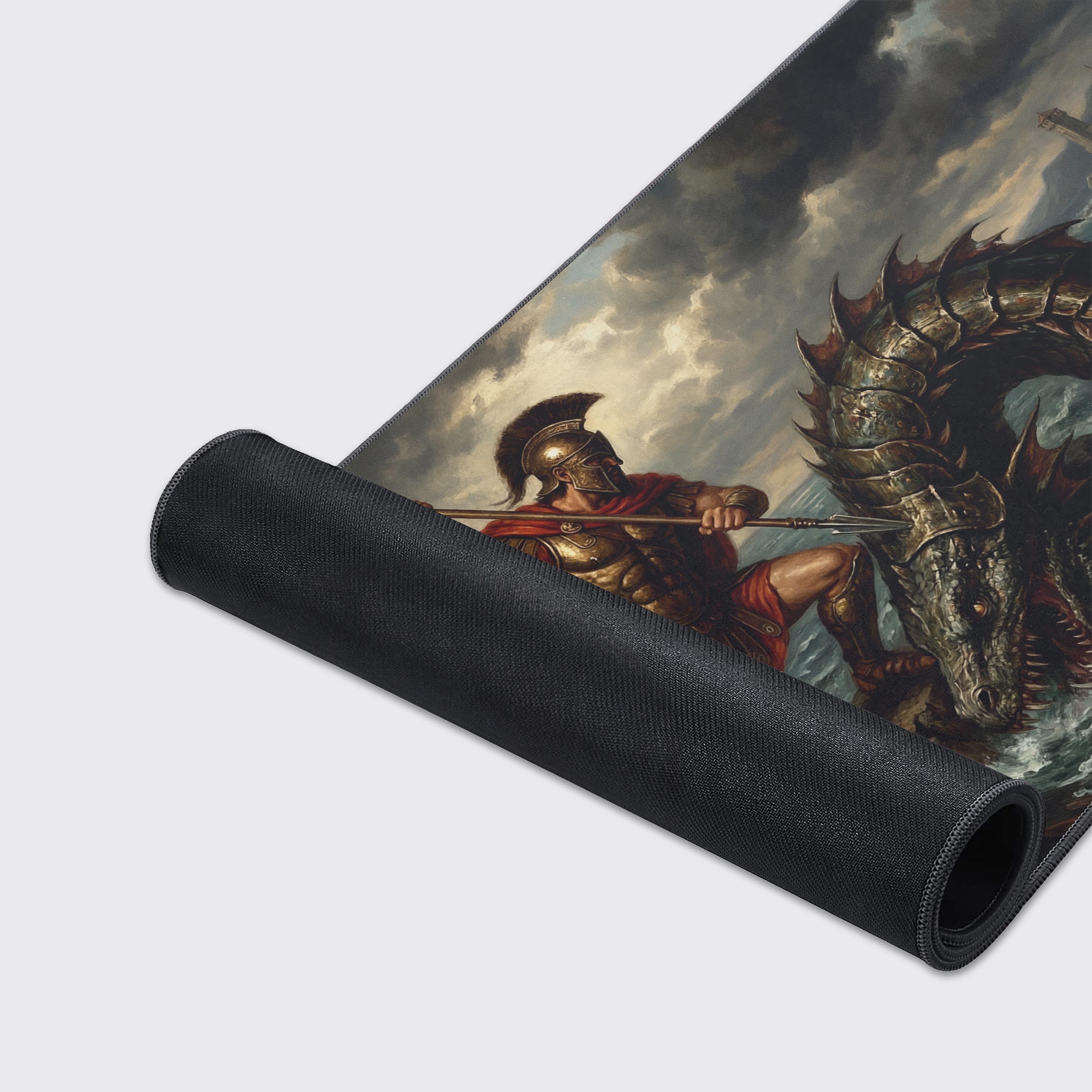 A detailed close-up of the Spartan's Fury gaming desk mat, showing the premium fabric texture and durable anti-fray stitched edges. - Epic Design Pads & Mousepads