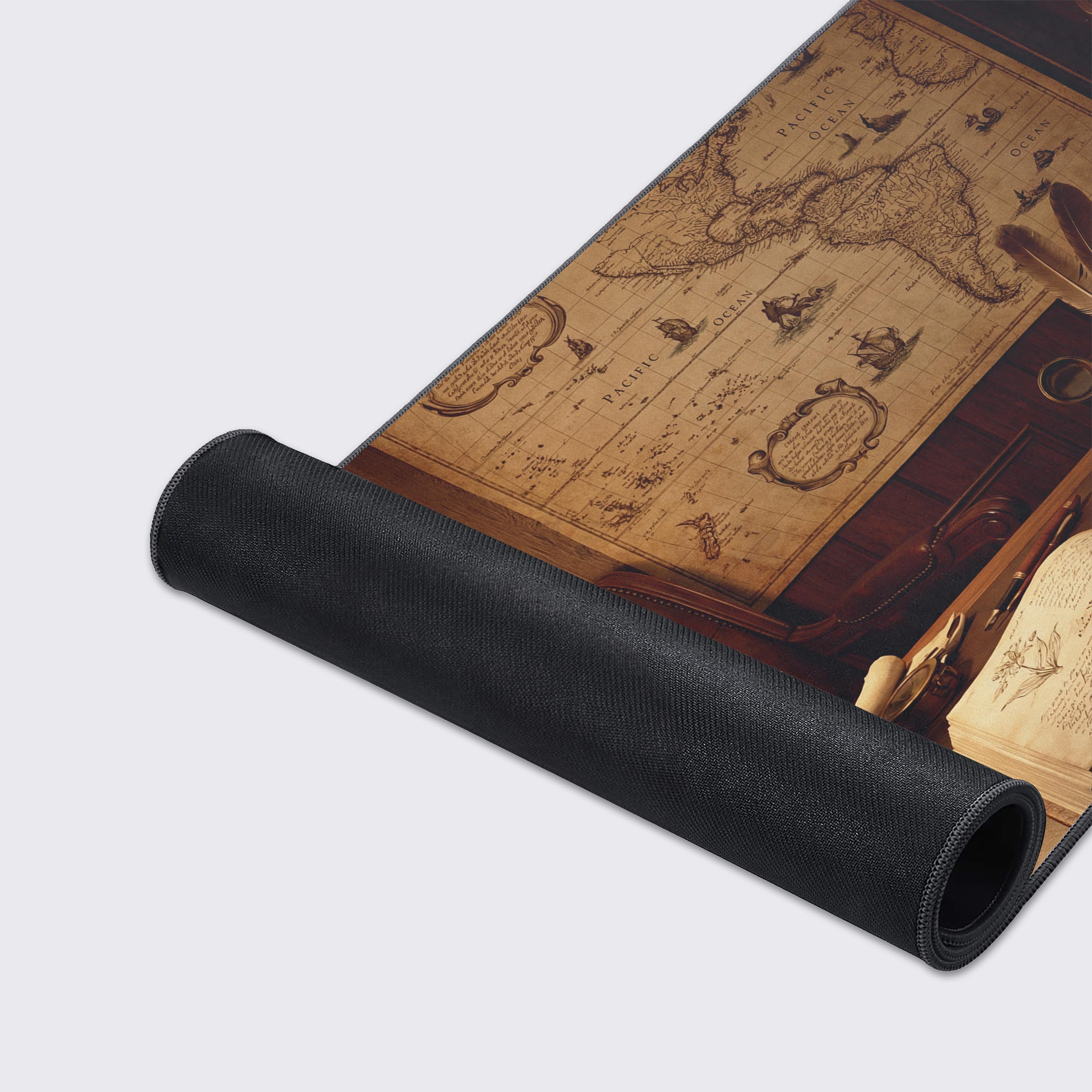A close-up of the Cartographer's Study gaming desk mat, showcasing the detailed vintage print and durable stitched edges for a premium feel. - Epic Design Pads & Mousepads