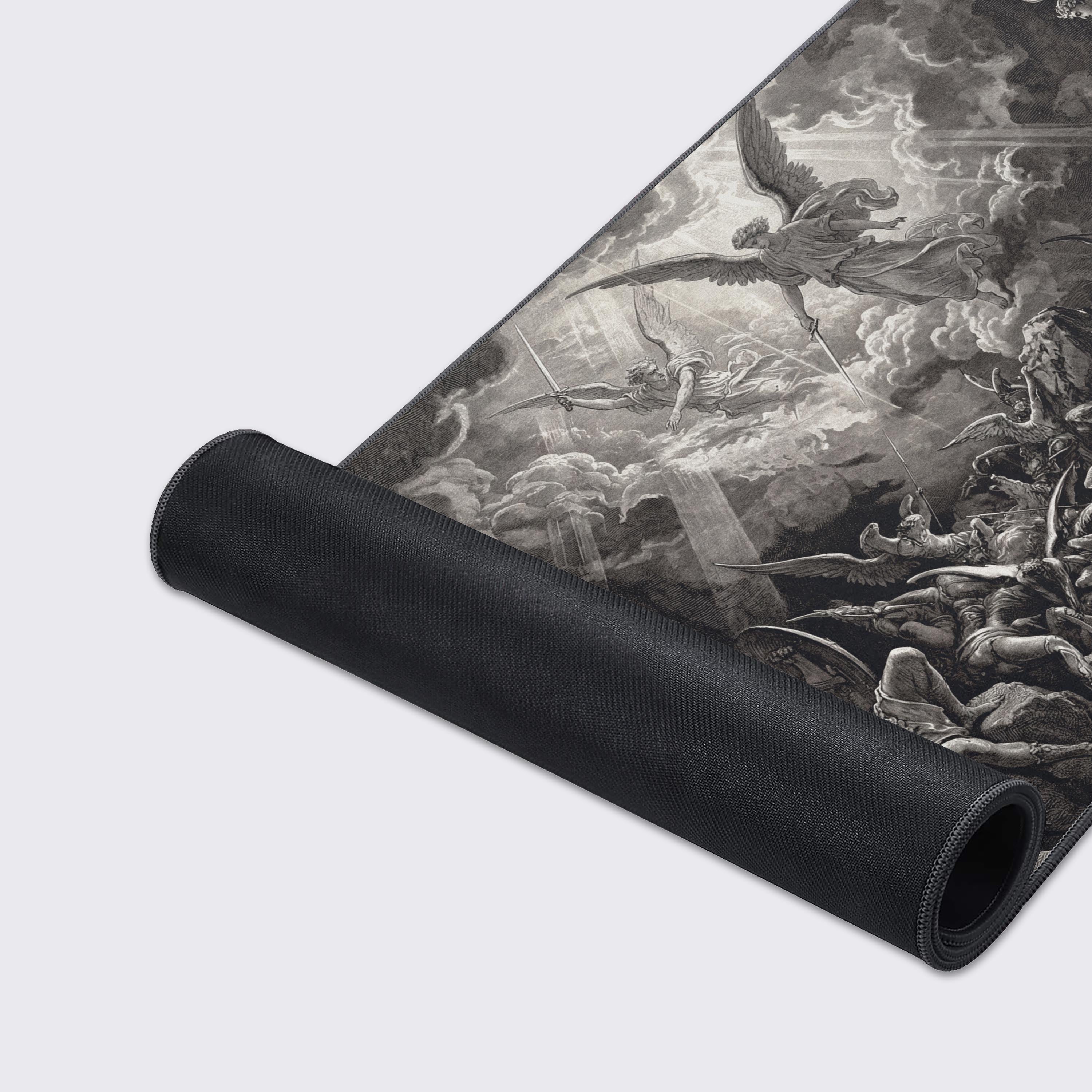 A close-up of the Divine Conflict gaming desk mat, highlighting the detailed engraving-style artwork and durable stitched edges on the smooth fabric texture. - Epic Design Pads & Mousepads