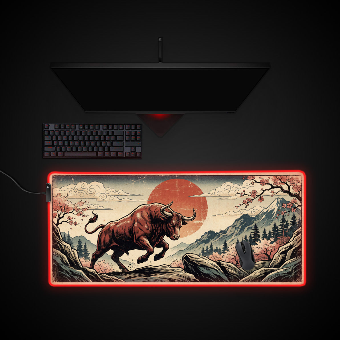 Crimson Taurus desk mat with RGB edge lighting