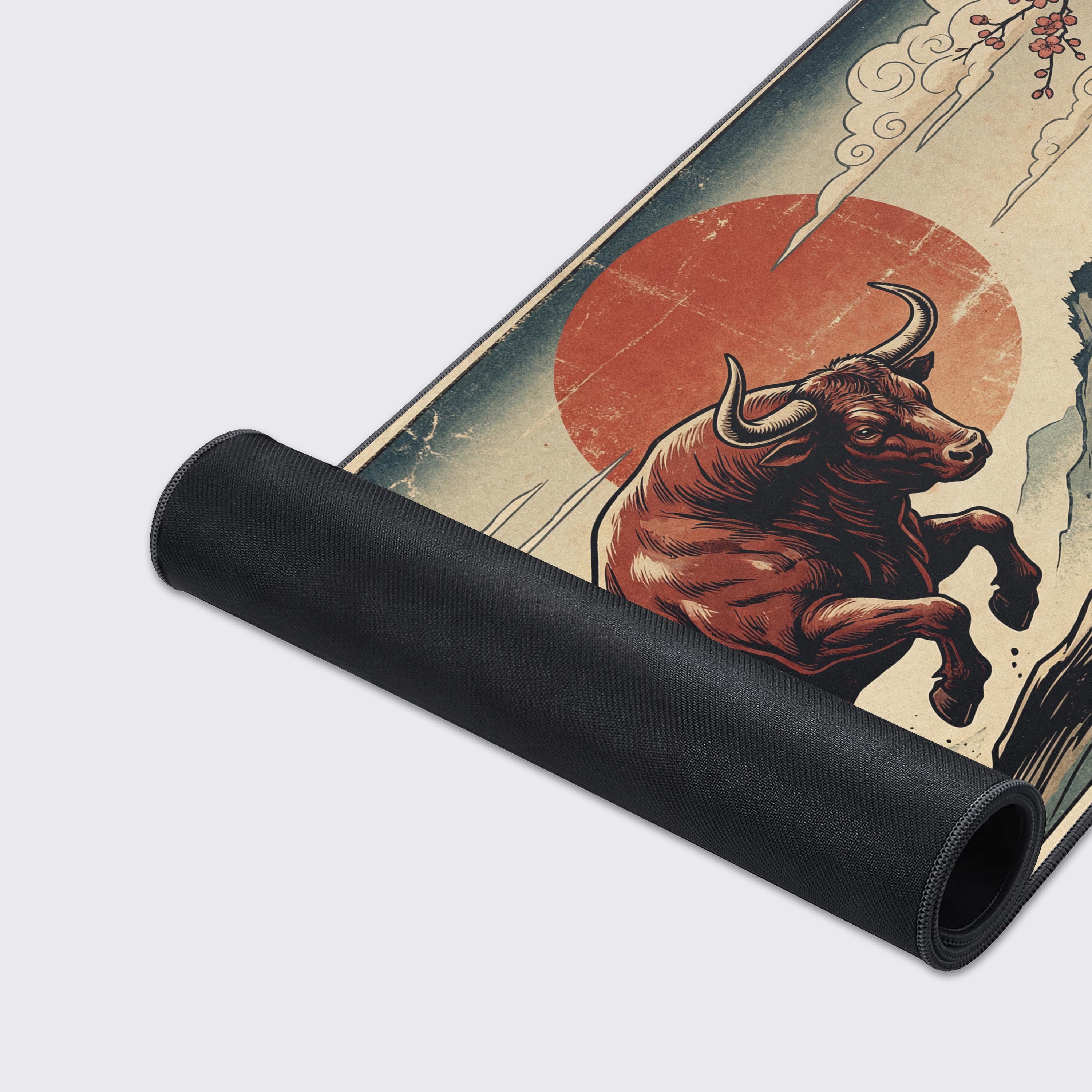Close-up shot of the Crimson Taurus gaming desk mat, highlighting the smooth fabric texture, stitched edges, and the detailed illustration of the charging bull. - Epic Design Pads & Mousepads