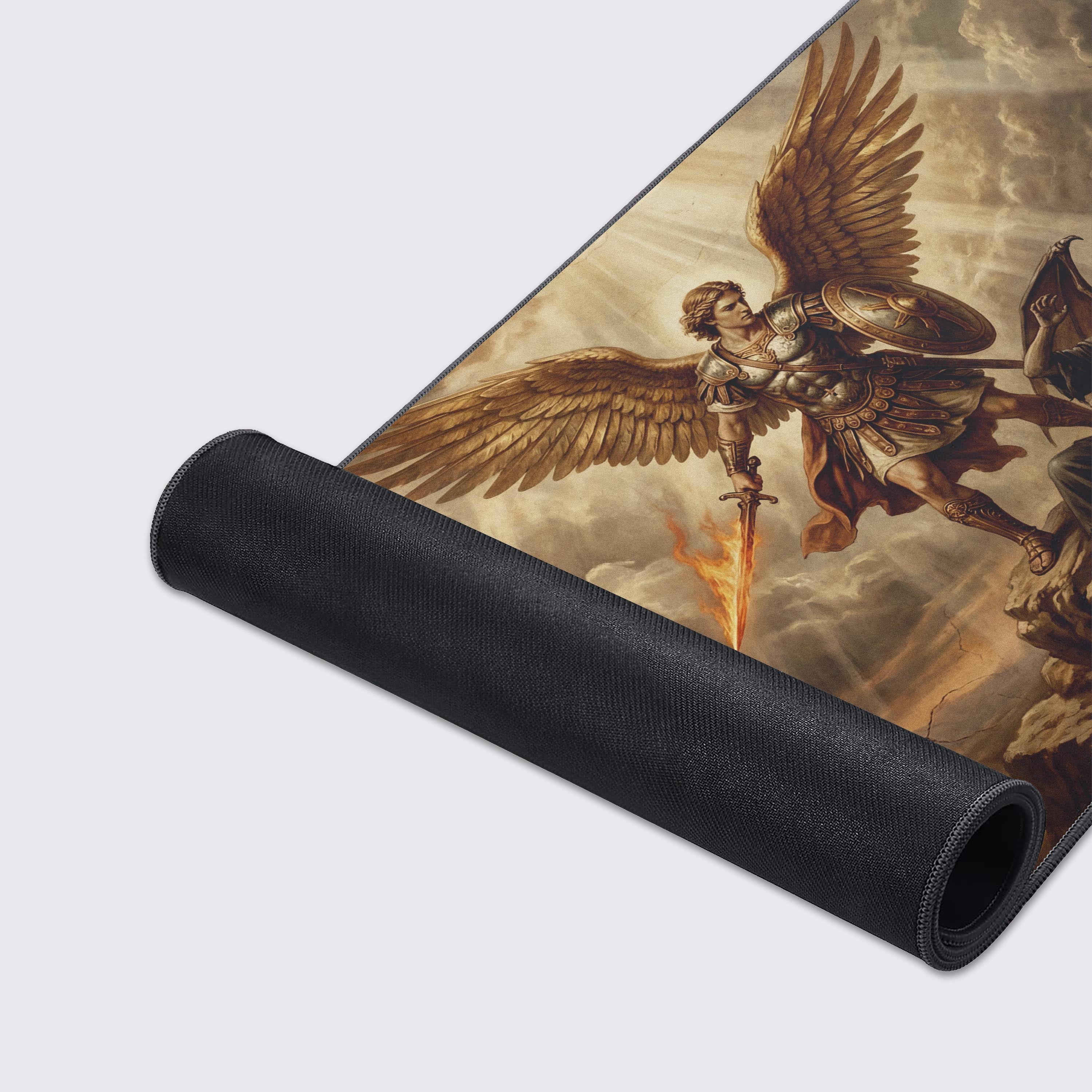 A close-up of the Archangel's Wrath gaming desk mat highlighting the smooth fabric texture and durable stitched edges of the fantasy artwork. - Epic Design Pads & Mousepads