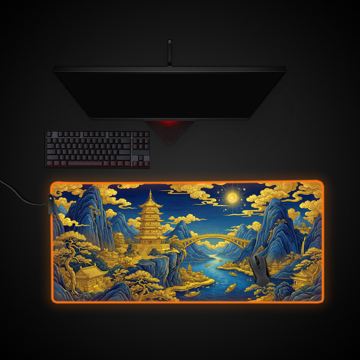 Gilded Dynasty desk mat with RGB edge lighting