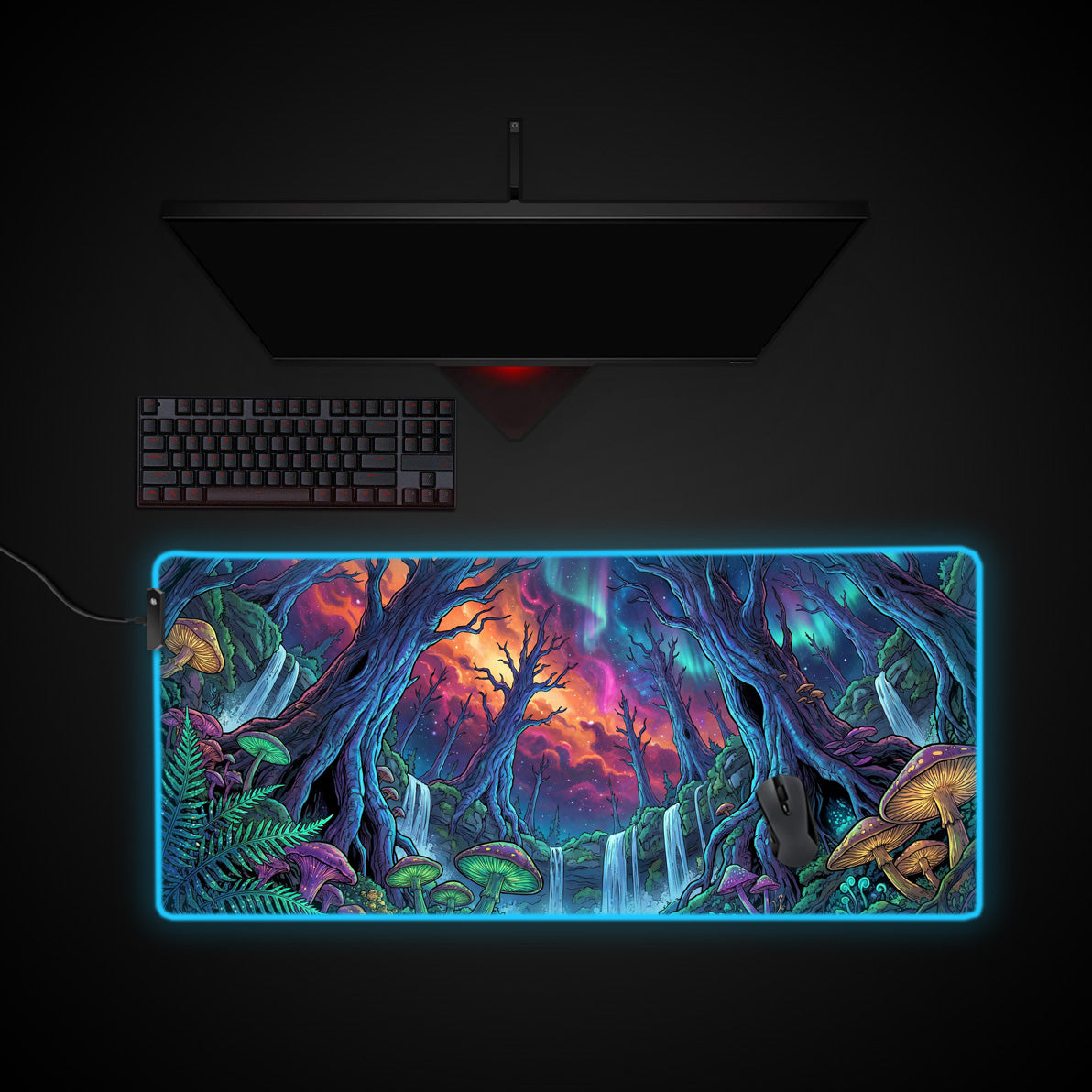 Nebula Forest desk mat with RGB edge lighting