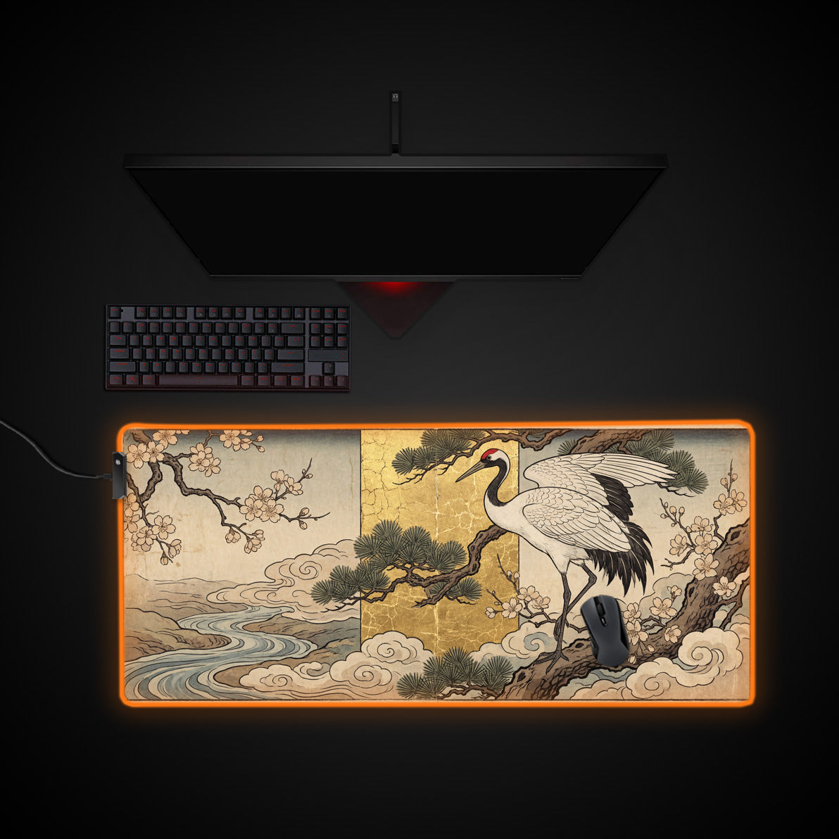 Golden Longevity desk mat with RGB edge lighting