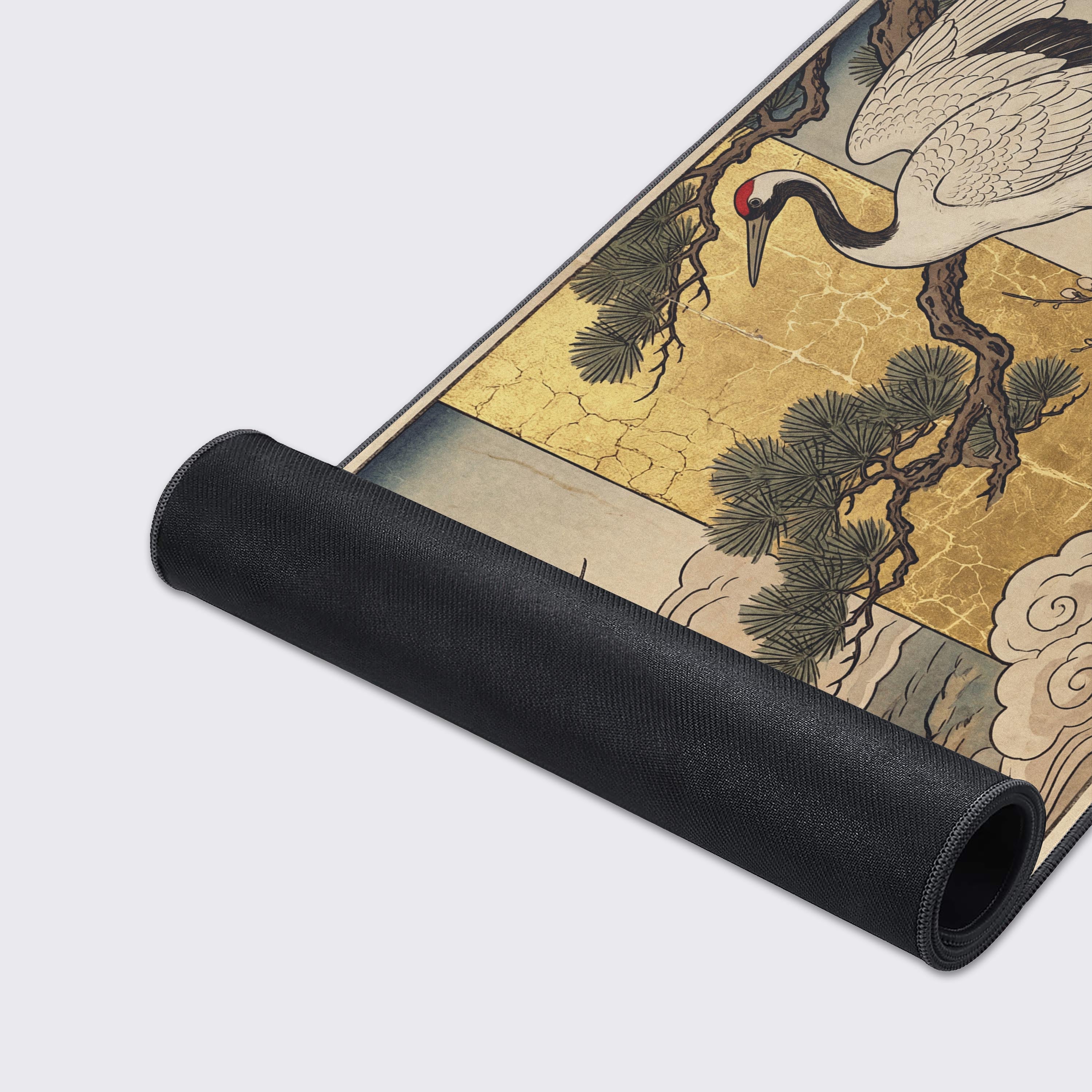 A close-up of the Golden Longevity gaming desk mat, showcasing the detailed crane illustration, smooth fabric texture, and durable stitched edges. - Epic Design Pads & Mousepads