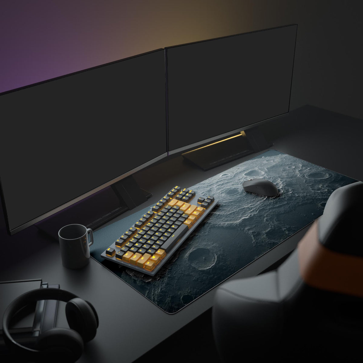 Lunar Void desk mat in a dark gaming setup with a mechanical keyboard, a mouse and headphones