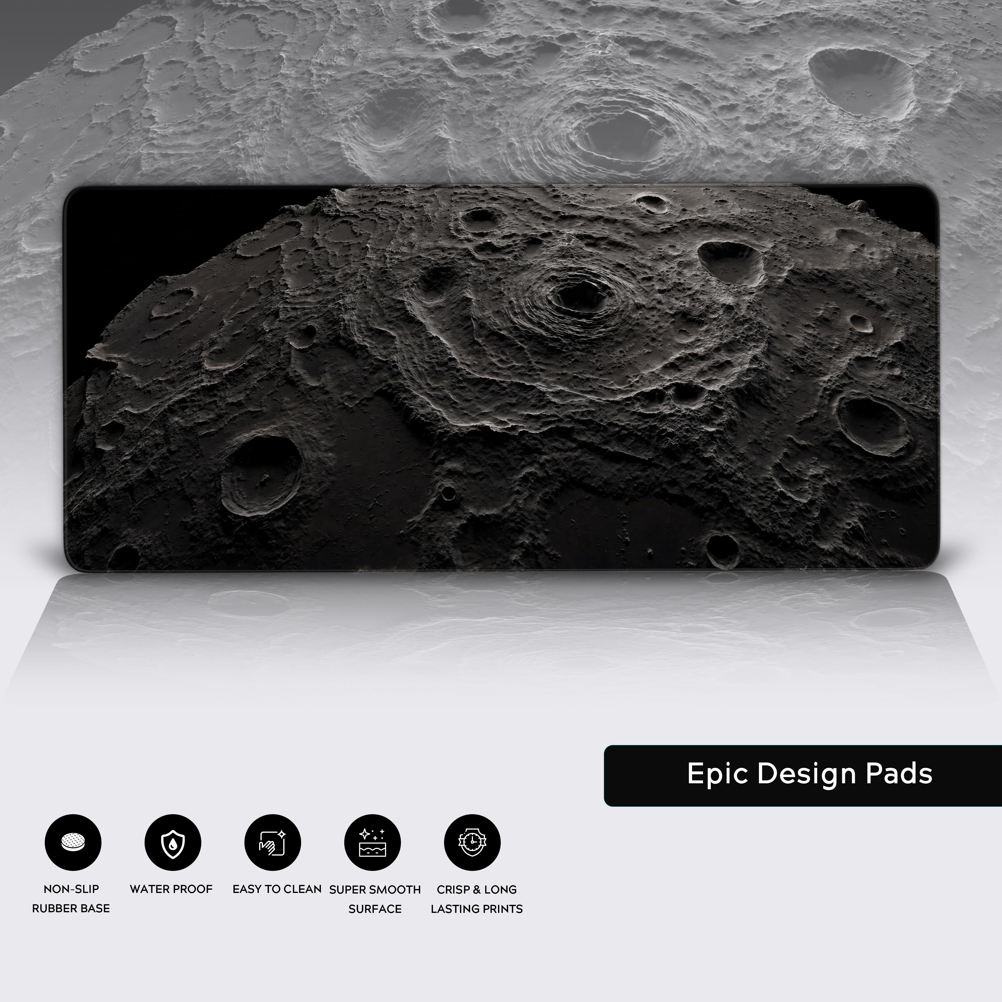 Epic Design Pads with lunar surface design on a reflective surface