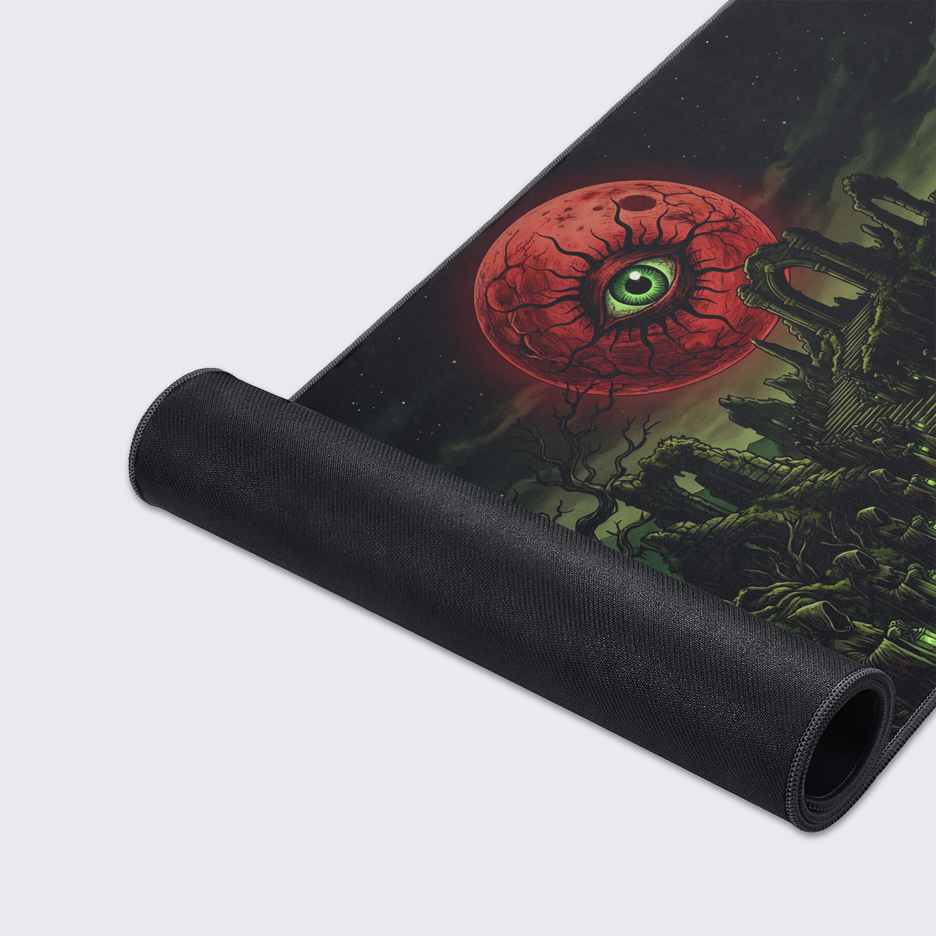 Close-up of the Crimson Ritual gaming desk mat, highlighting the high-quality fabric texture and durable stitched edges of the epic red eye design. - Epic Design Pads & Mousepads