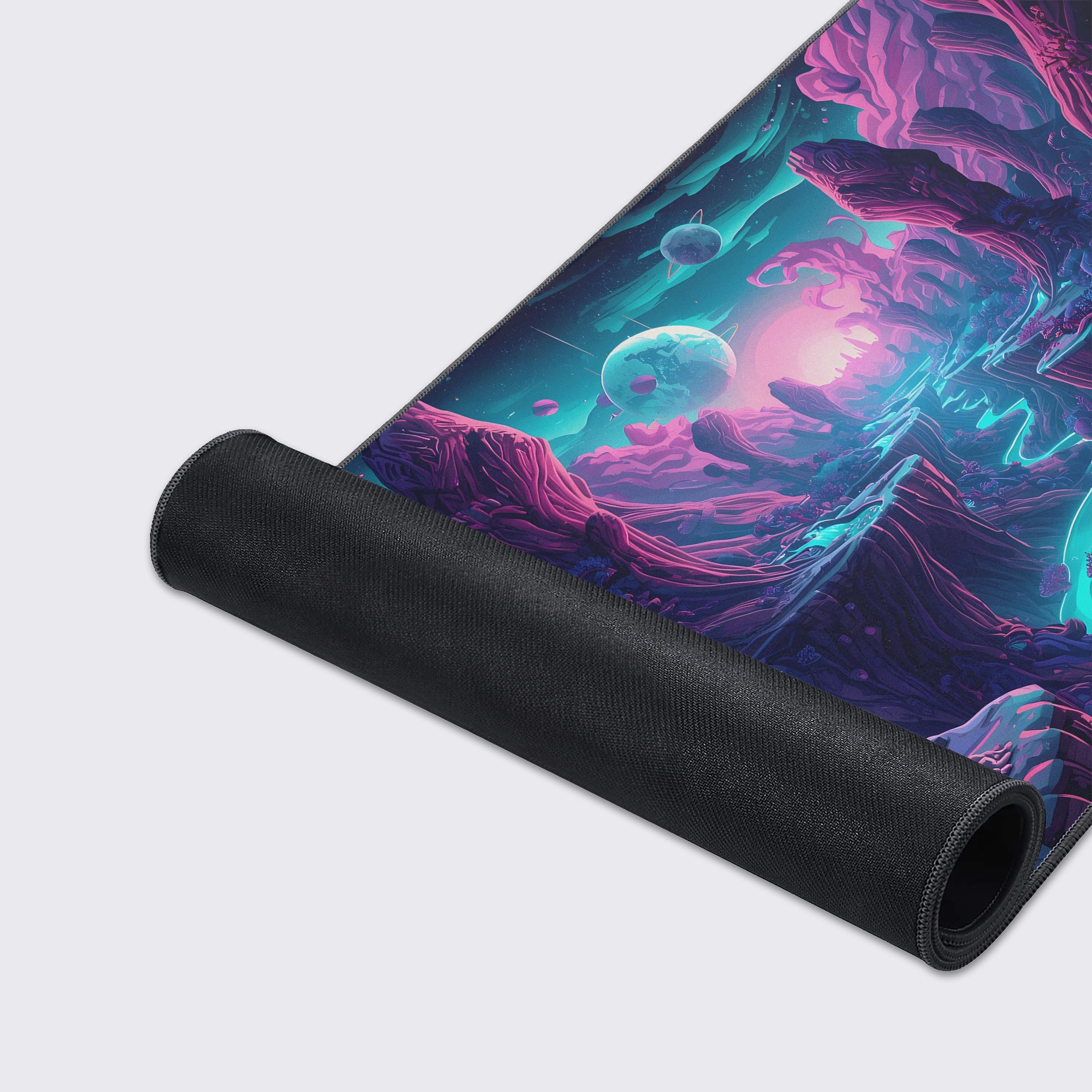 Close-up shot of the Celestial Valley Mouse Pad, highlighting the smooth fabric texture and durable stitched edges of the cosmic canyon and glowing river design. - Epic Design Pads & Mousepads