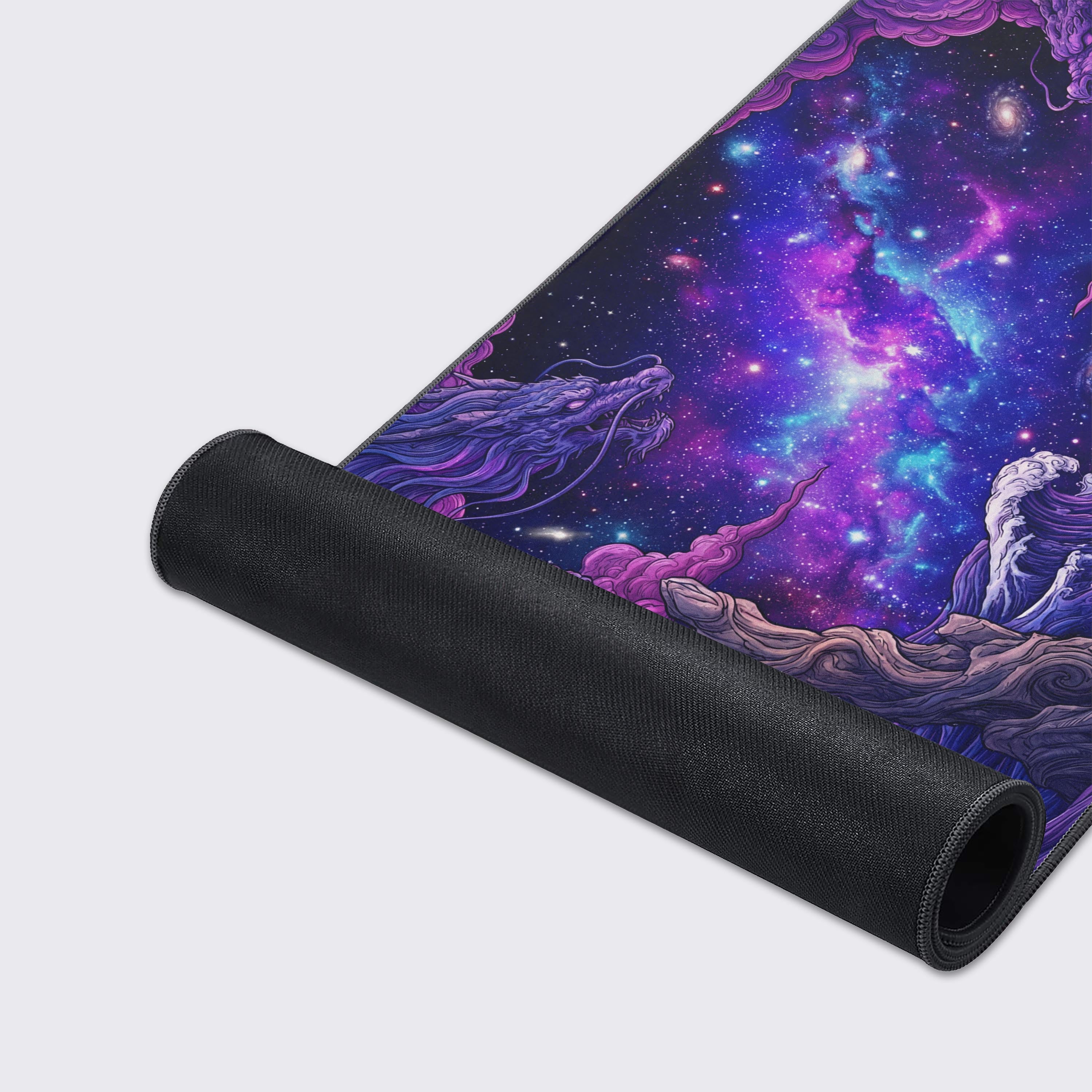 Close-up of the Cosmic Tide gaming desk mat's high-quality fabric texture and durable stitched edges, highlighting the detailed purple dragon and wave artwork. - Epic Design Pads & Mousepads