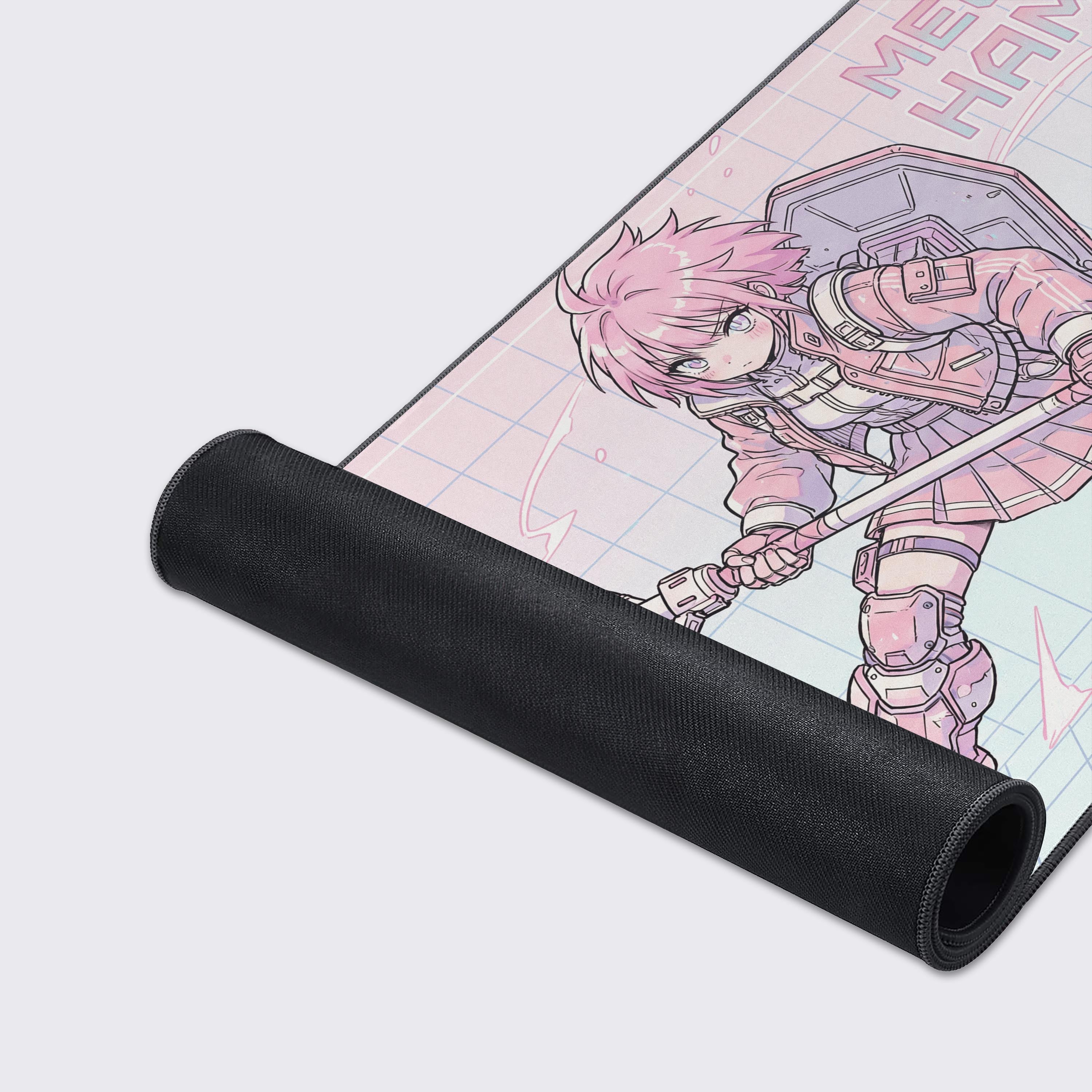 Close-up of the Mecha Hammer Model 002 mouse pad's smooth, high-quality fabric and durable stitched edges, highlighting the detailed artwork of the anime mecha character. - Epic Design Pads & Mousepads