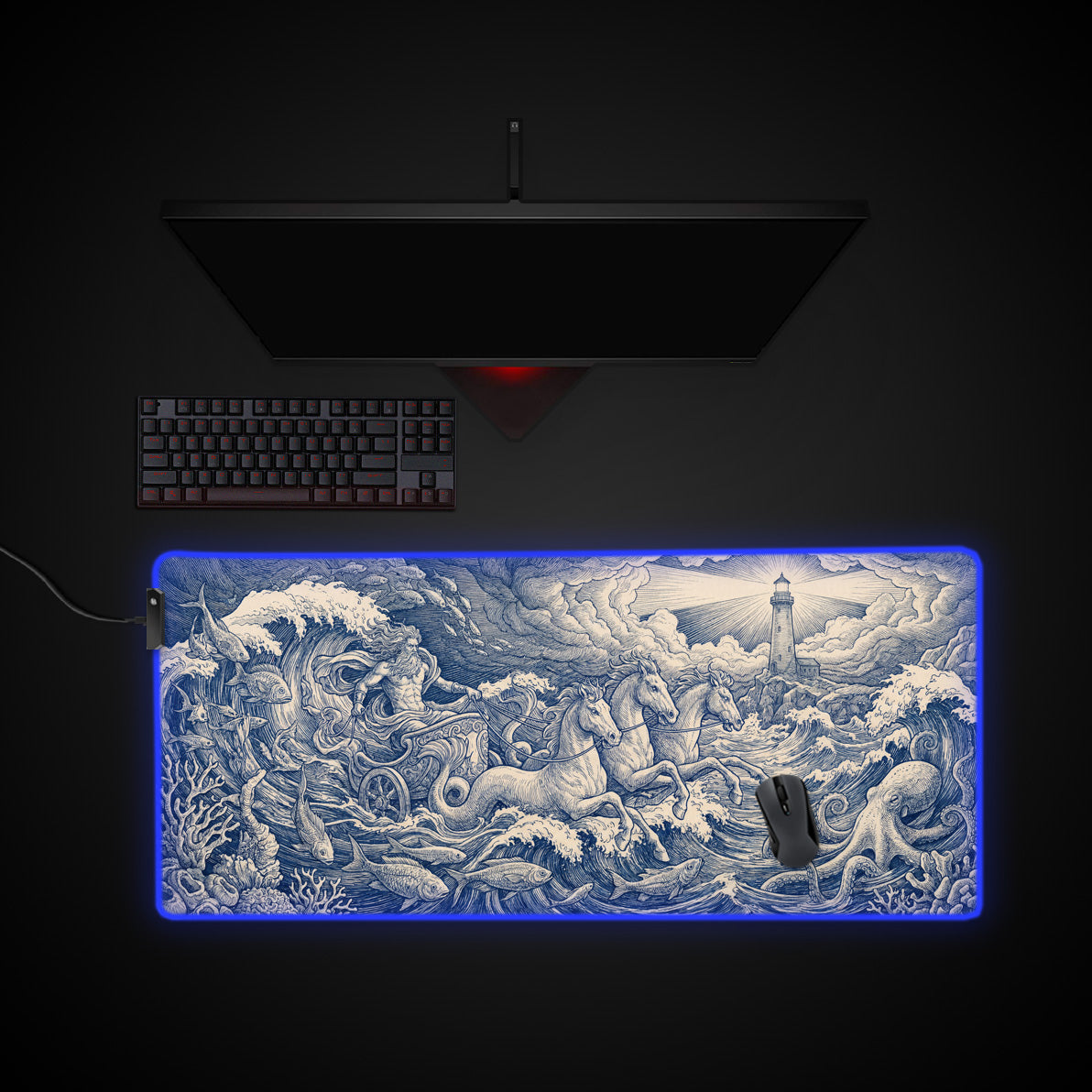 Neptune’s Chariot desk mat with RGB edge lighting