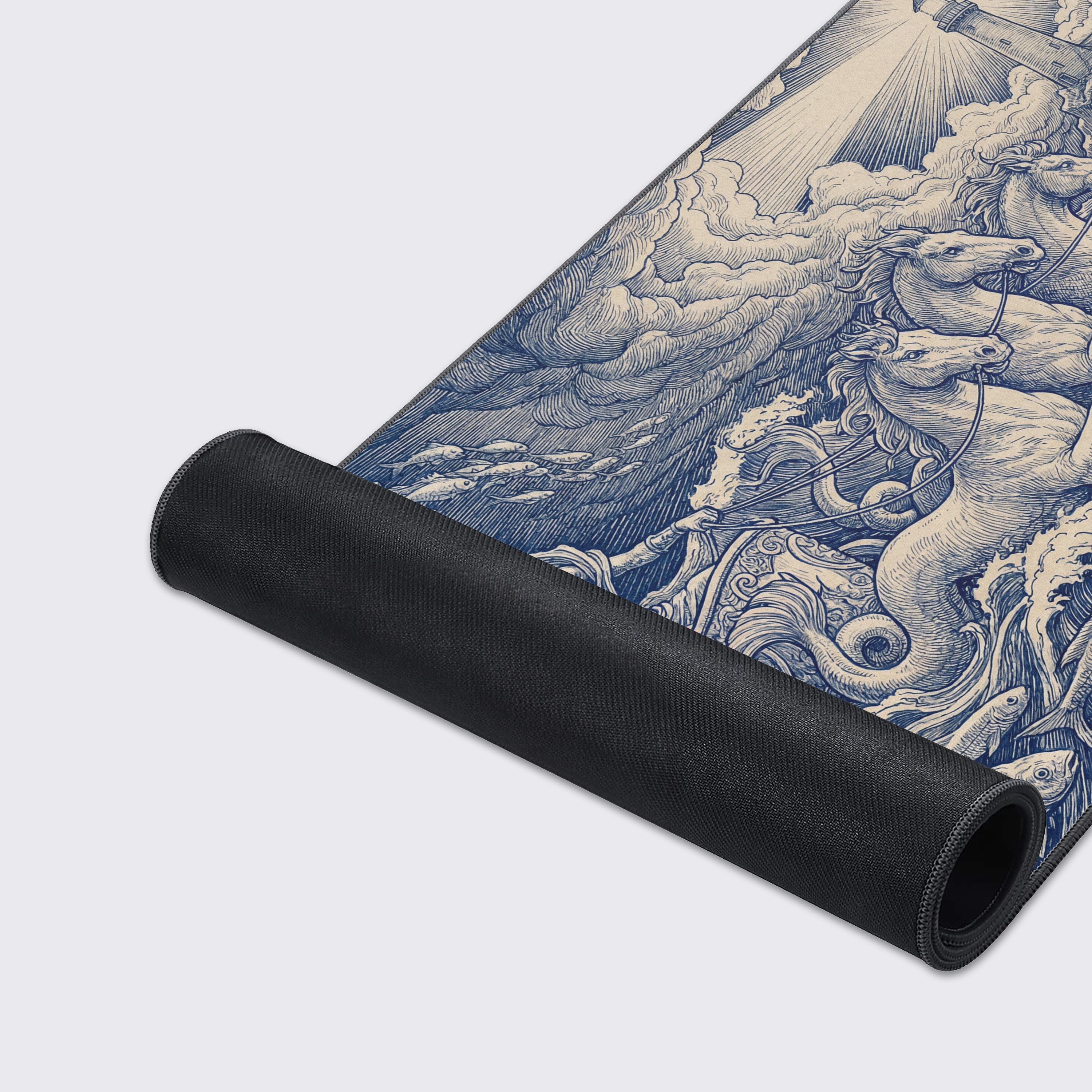 A close-up of the high-quality stitched edges and textured surface of the Neptune's Chariot gaming desk mat, highlighting the intricate blue line art of the sea god. - Epic Design Pads & Mousepads