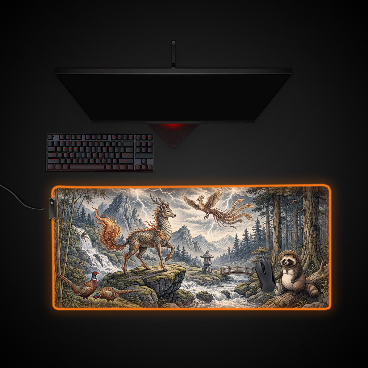 Sacred Harmony desk mat with RGB edge lighting