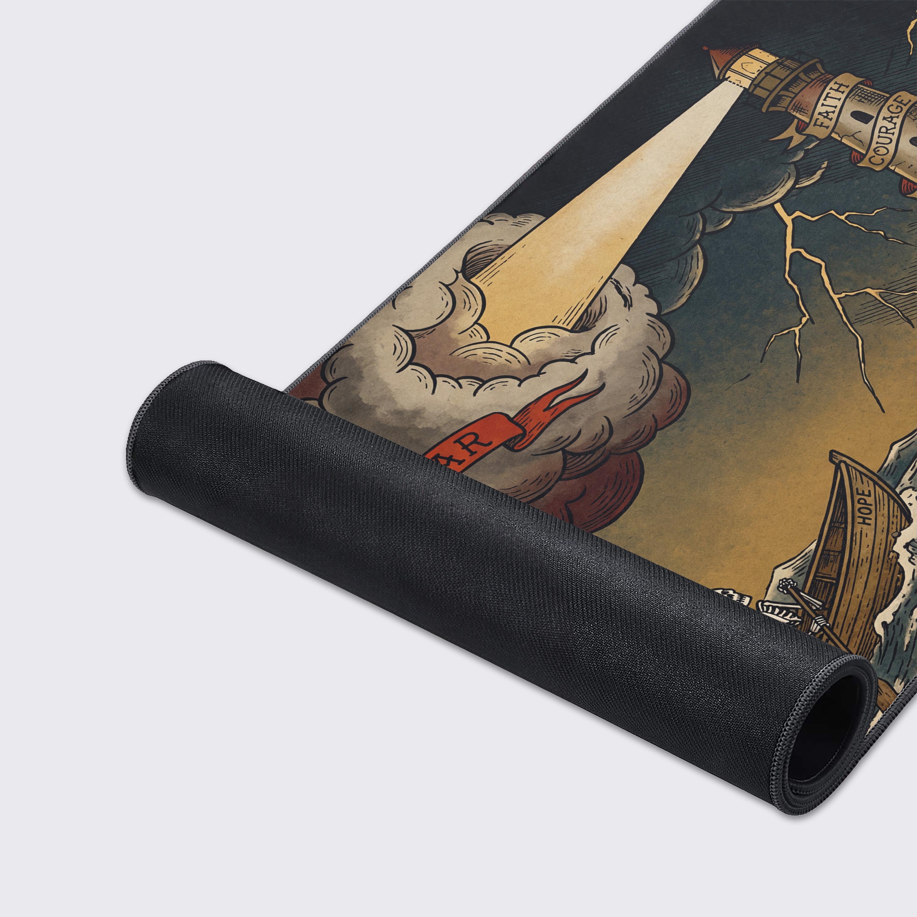 A close-up of the Beacon of Hope gaming desk mat, detailing the smooth fabric texture, durable stitched edges, and vintage woodcut-style art. - Epic Design Pads & Mousepads