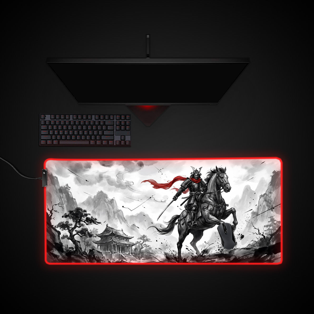 Crimson Rider desk mat with RGB edge lighting