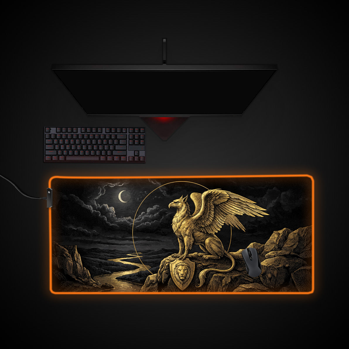 Gilded Gryphon desk mat with RGB edge lighting