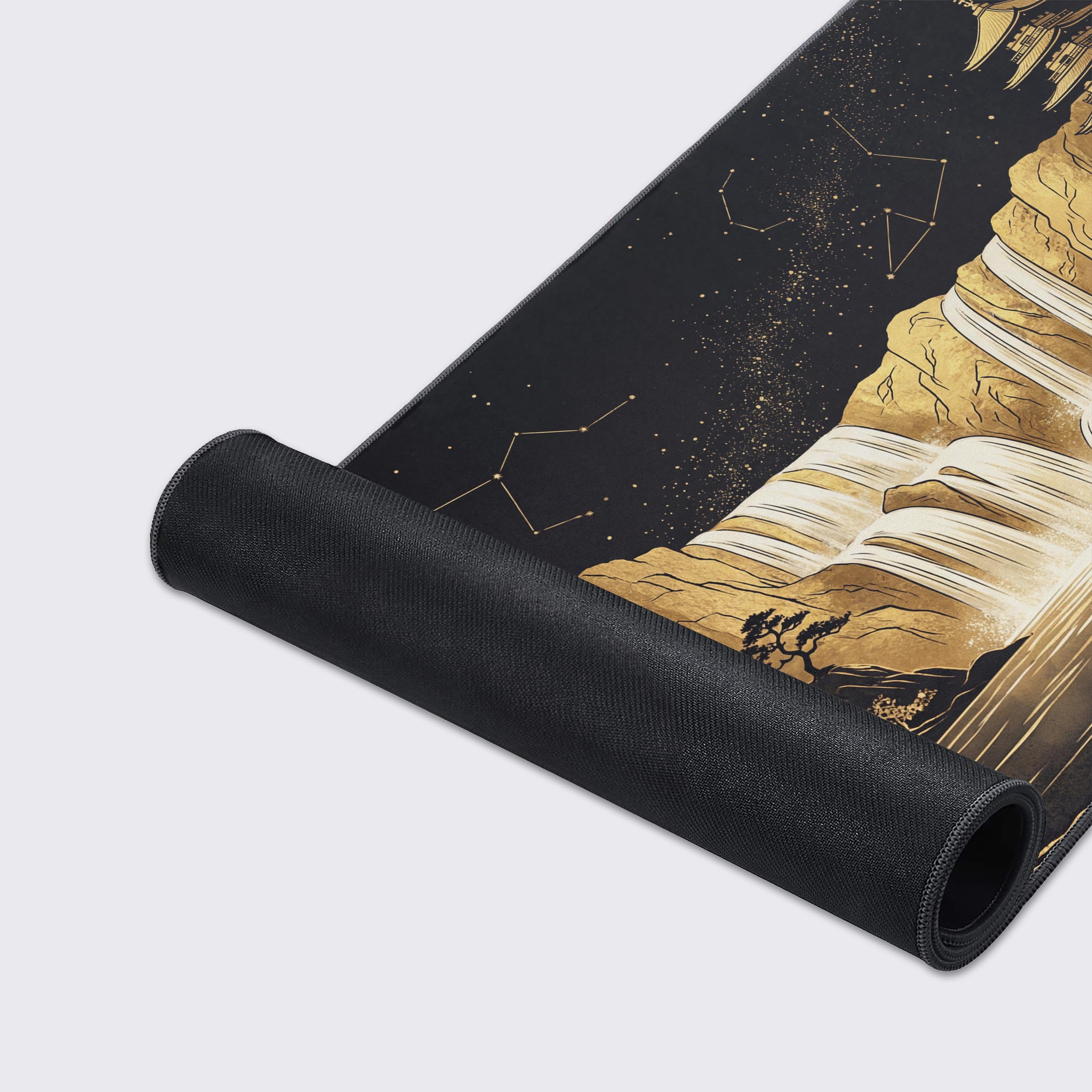 Celestial Temple – Japanese Art Desk Mat, XL Gold Mouse Pad, Zen