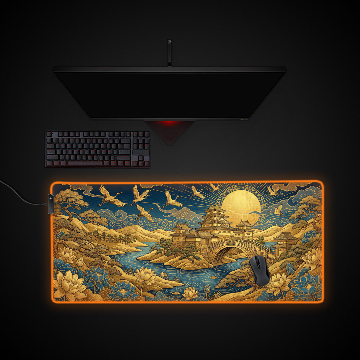 Gilded Sanctuary desk mat with RGB edge lighting