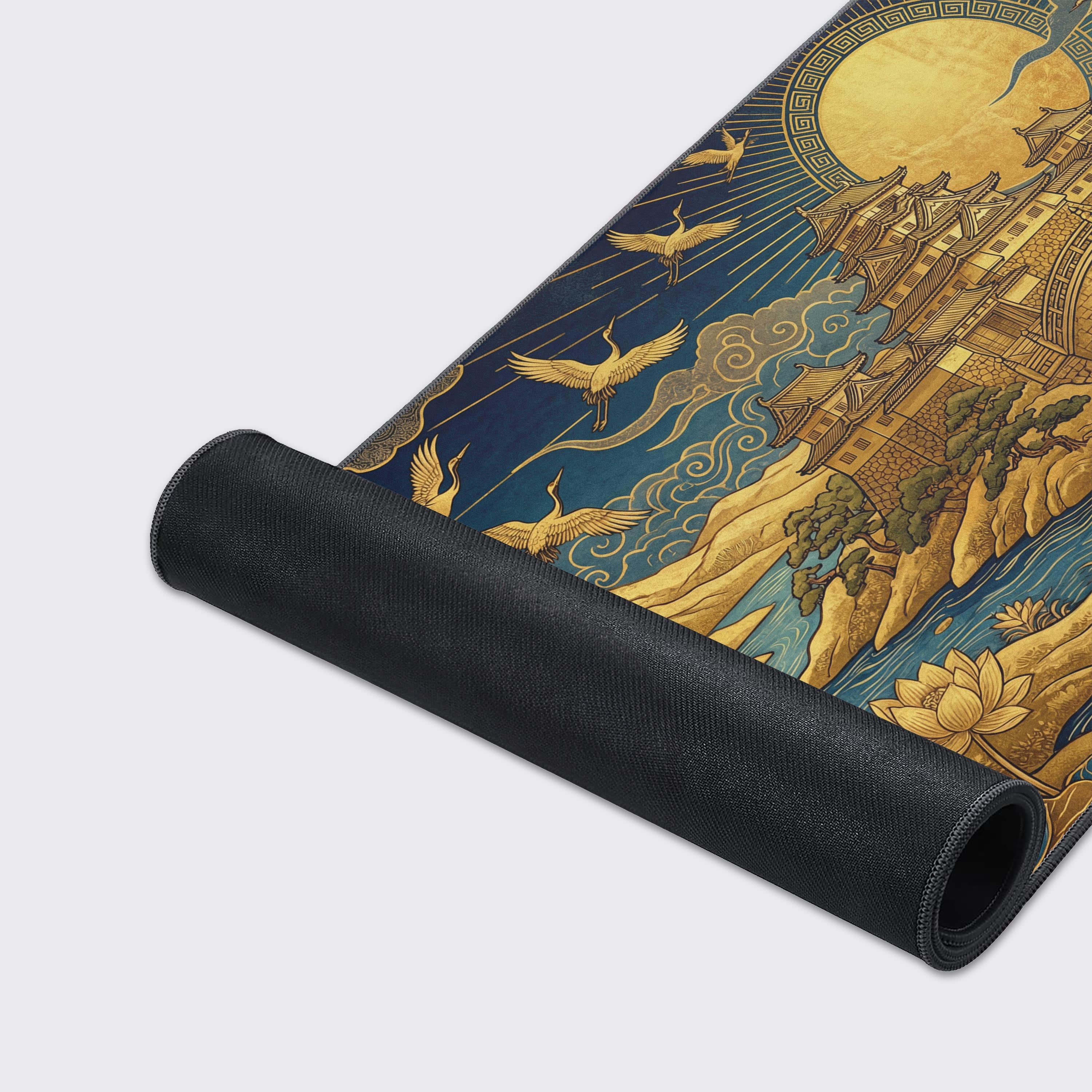 A close-up of the 'Gilded Sanctuary' gaming desk mat, highlighting the durable stitched edges and smooth fabric texture of the Japanese crane and lotus flower design. - Epic Design Pads & Mousepads