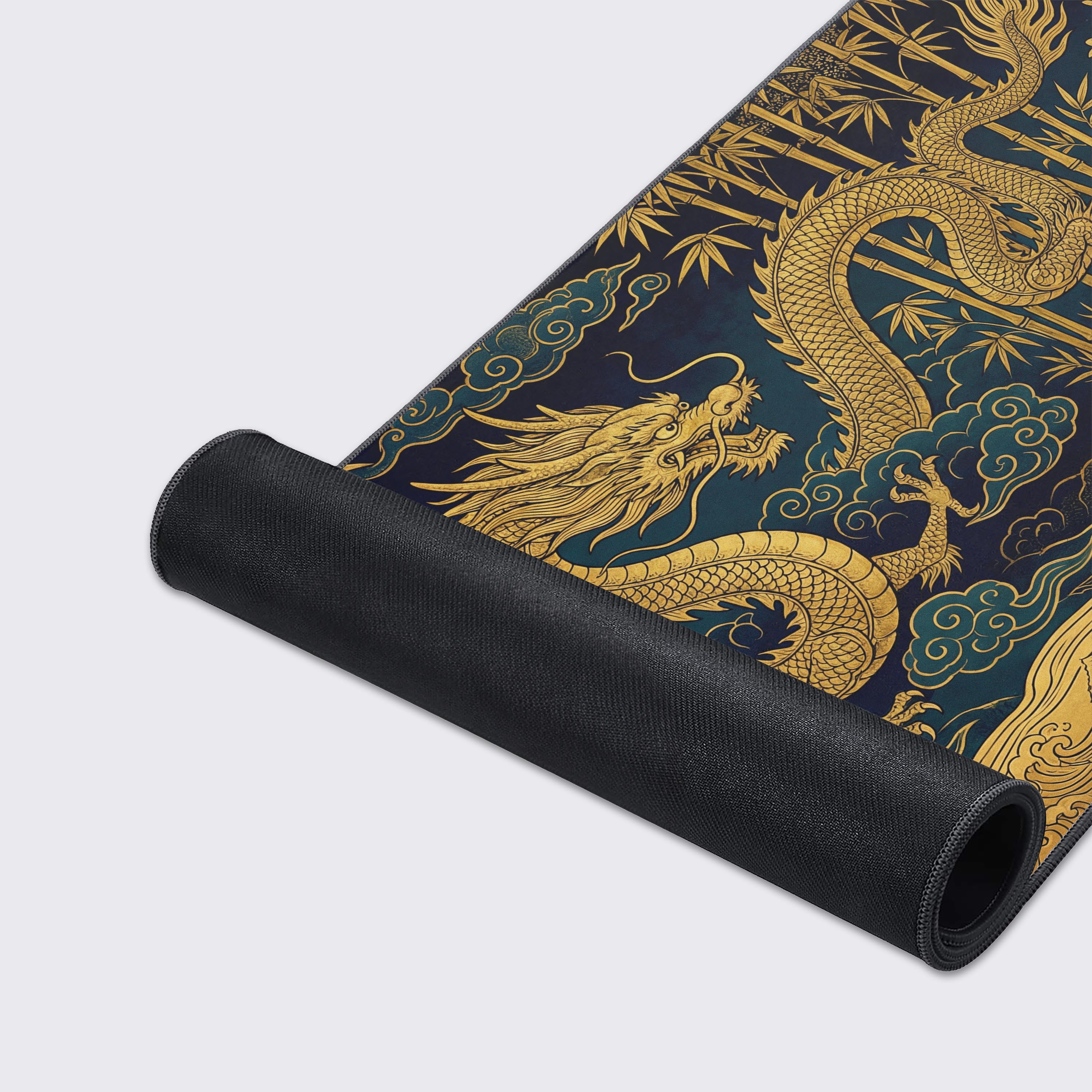 Close-up of the high-quality stitched edges and smooth fabric texture of the Celestial Union gaming desk mat, showcasing the intricate golden dragon artwork. - Epic Design Pads & Mousepads
