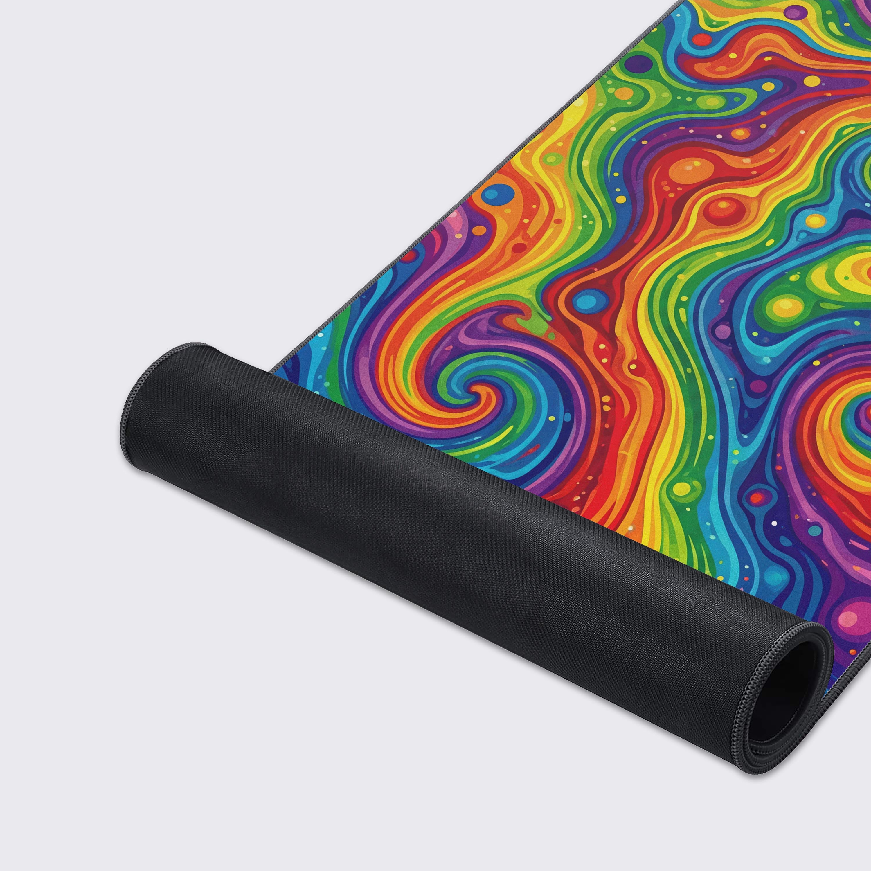 A close-up of the Vivid Chaos mouse pad, showing its smooth texture and durable stitched edges, with the vibrant liquid rainbow art design in full detail. - Epic Design Pads & Mousepads