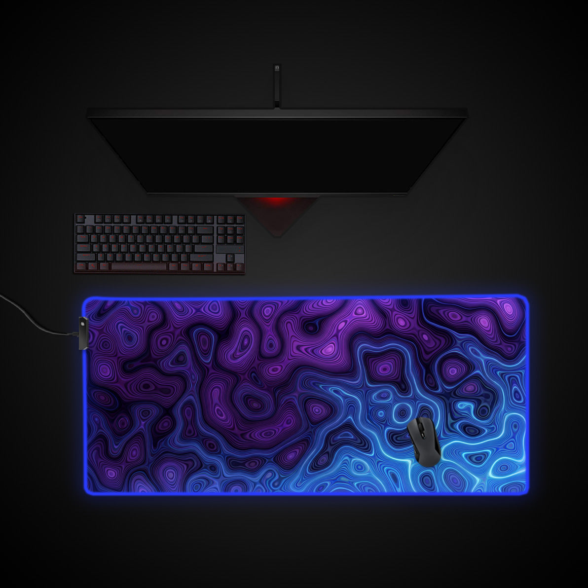 Neon Damascus desk mat with RGB edge lighting