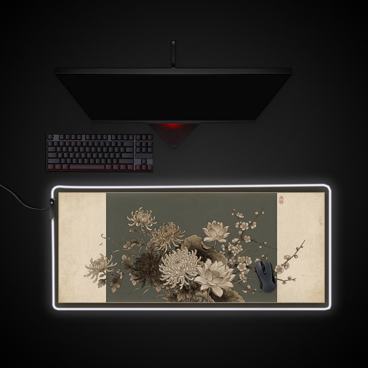 Antique Bloom desk mat with RGB edge lighting